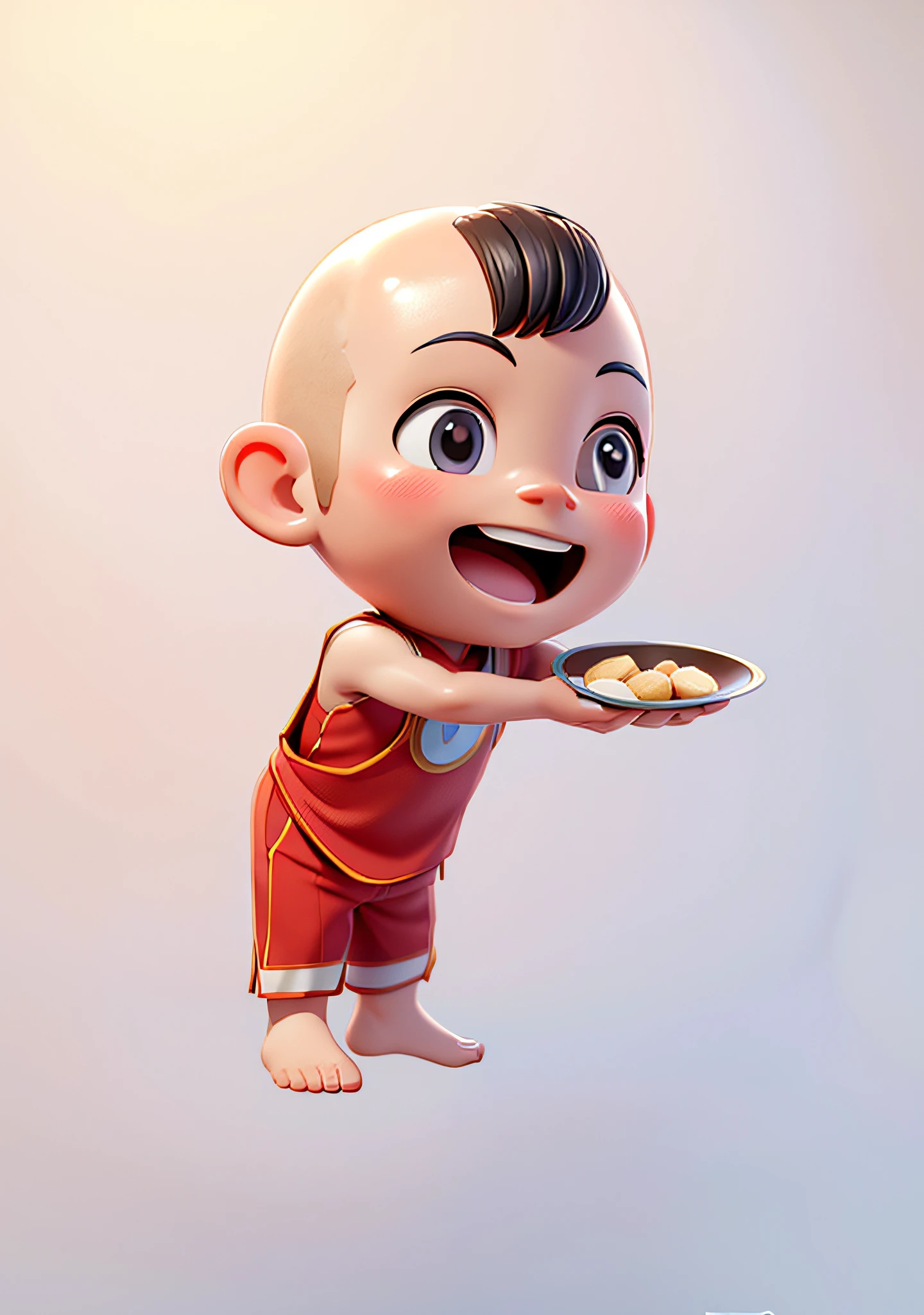 (Masterpiece: 1.3), (Best Quality: 1.3), (Masterpiece: 1.3), (Best Quality: 1.3), (8k wallpaper), (Ultra High Resolution), Full Body, (Bicephal: 2), (Natural Skin Texture), (Beautiful & Beautiful), (Very Detailed CG, Intricate Details), White Background, (White Background: 1.5), .pixar, 3D, C4D, blender, 1 Boy, cute, happy face, Bald head, Solo, Chibi, ( Chinese style: 1.5), Hanfu, red belly pocket, red bib, red vest, sleeveless, barefoot.