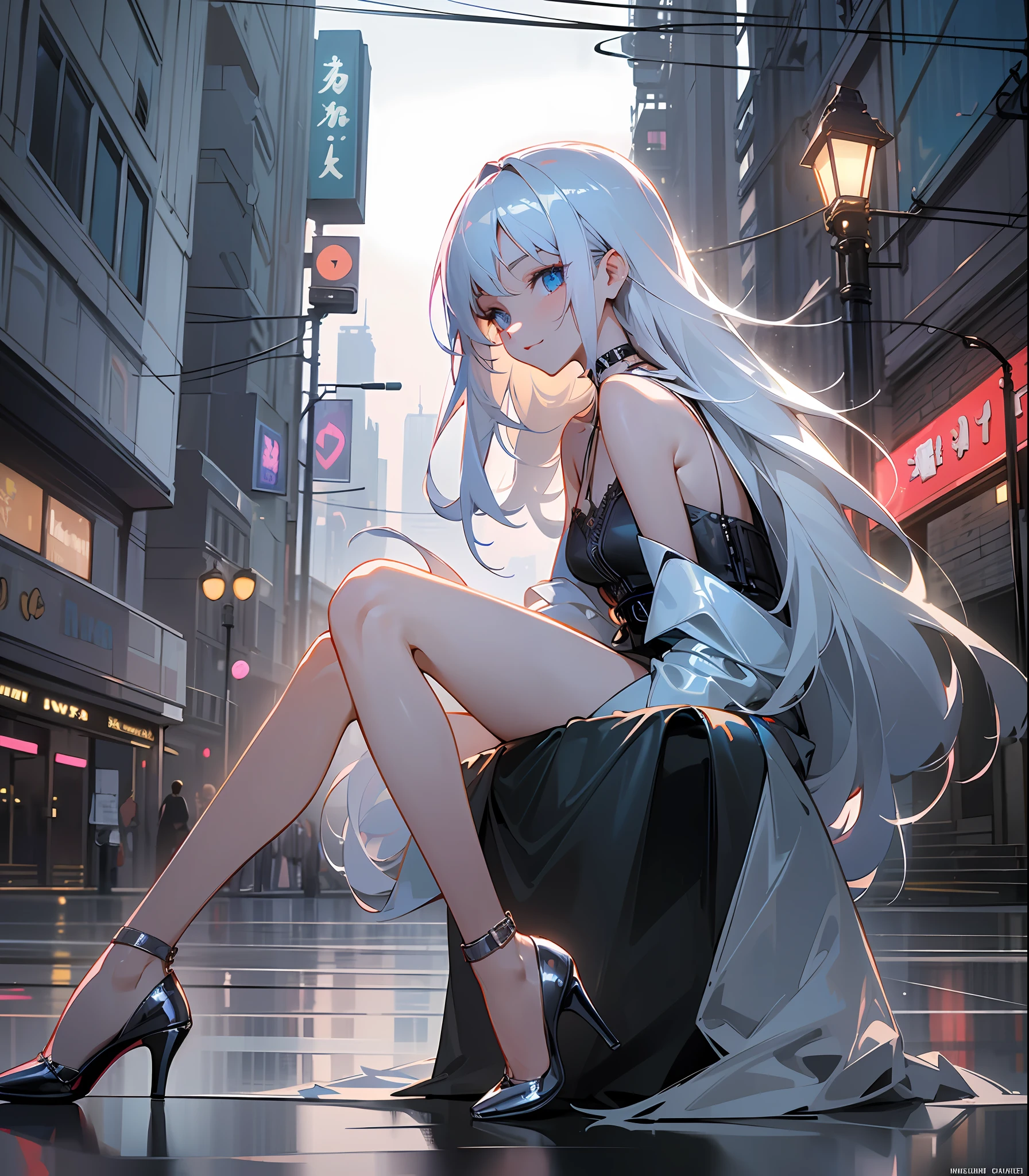 front angle, (8k, best quality, masterpiece: 1.2), (realistic, photorealistic: 1.37), ultra-detailed, 1 girl looking at the viewer, beautiful detailed sky, detailed cyberpunk street, sitting, full body, small head, intricate choker, (beautiful legs: 1.2), (long legs: 1.2), slim legs, (high heels: 1.3), (bare legs: 1.4), medium chest, high waist, narrow waist, open shoulders, belt, black short skirt, beautiful detailed eyes,  daytime, warm tone, white lace, (long hair: 1.4), silver medium hair, white skin, blue eyes, shiny skin, cinematic light, street lamp, cyberpunk, smile