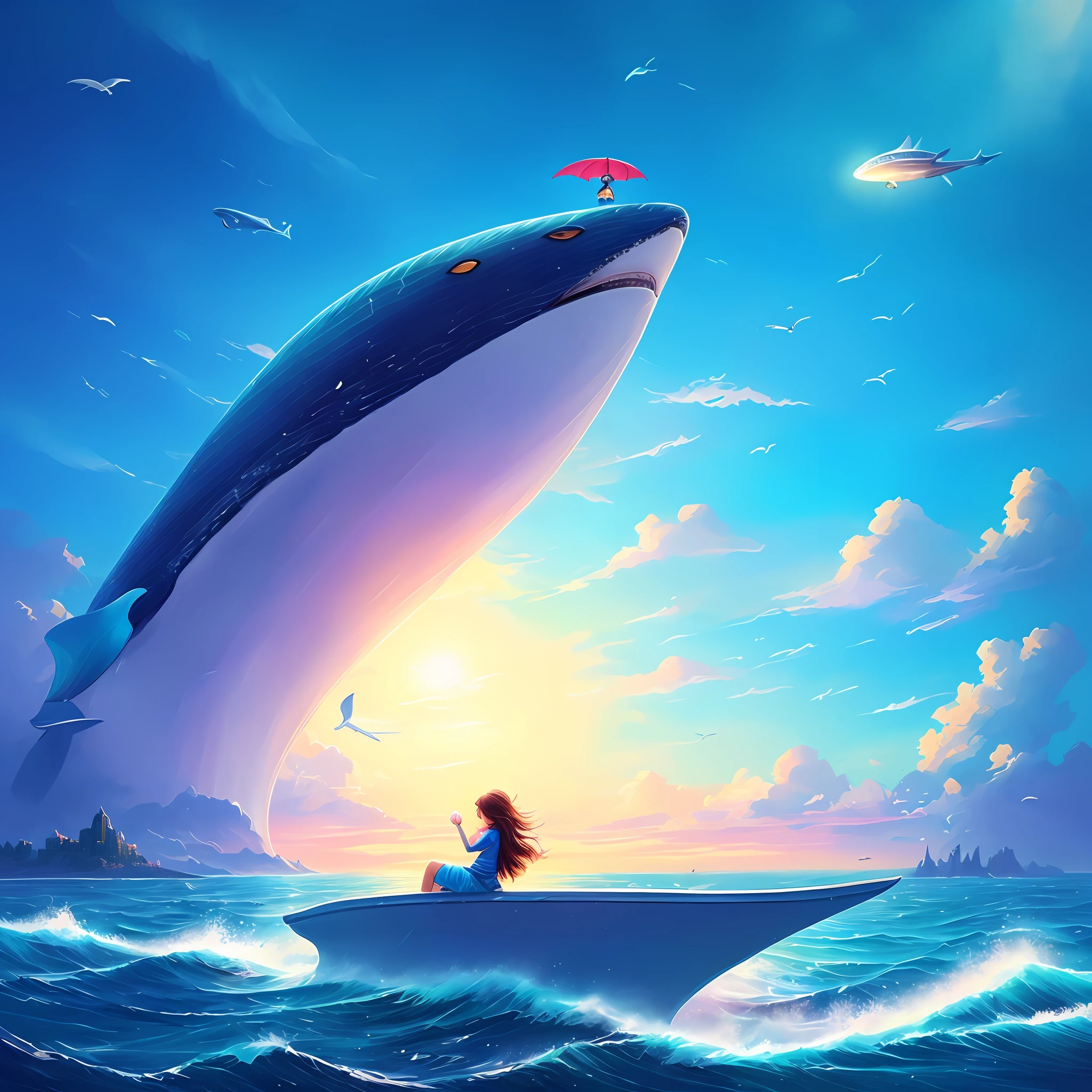 Little girl sitting on the back of boat, sky whale, flying whale, chengxin sea makoto cyril rolando, fantasy ocean landscape, Kurt rose, flying whale, Mike Winckelman, beautiful photos, inspired by cyril rolando, serene illustrations, cyril rolando's style, fantastic scenes, amazing photos, anime beautiful peace scenes