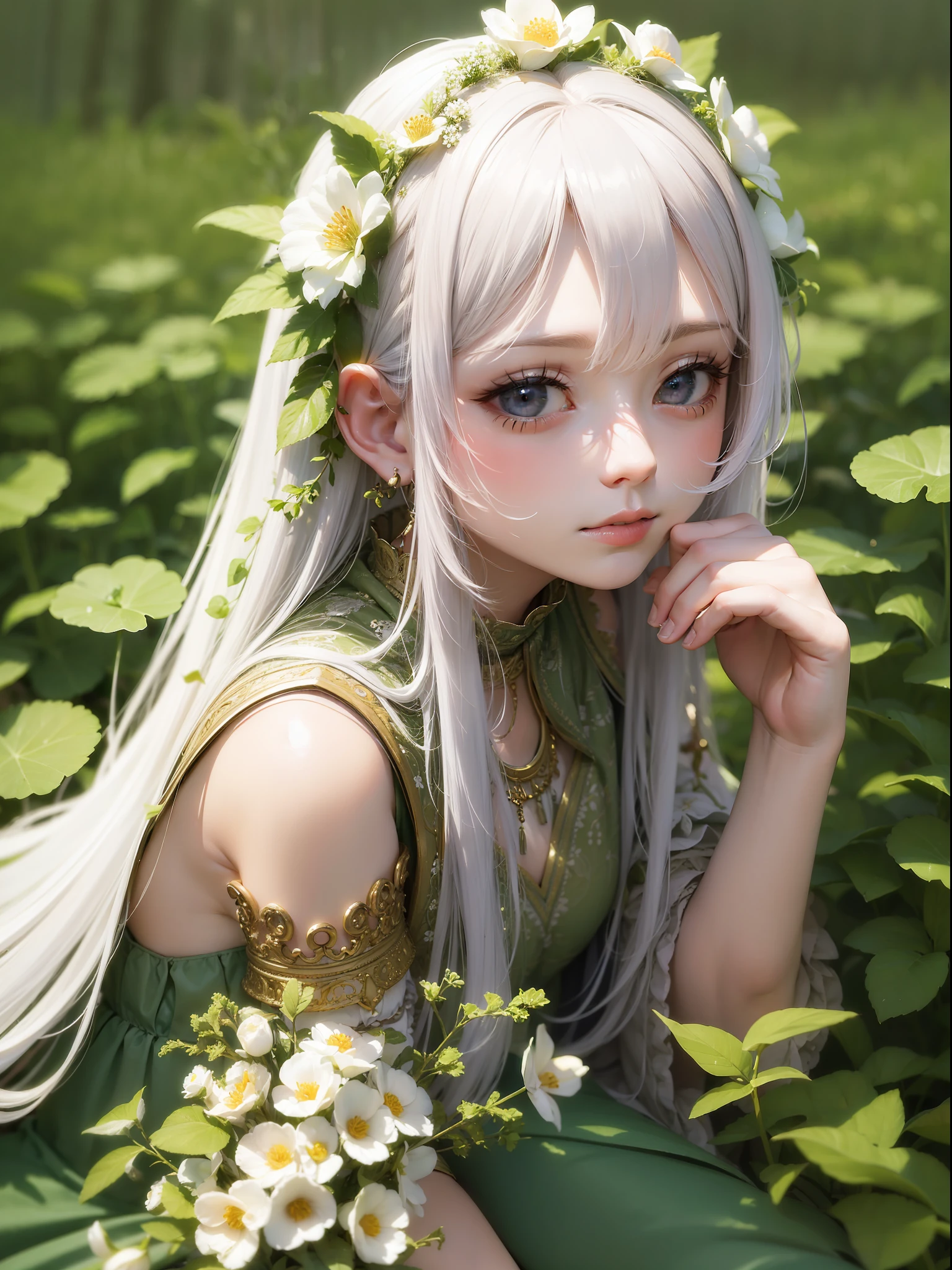 (masterpiece, best quality),1girl with long white hair sitting in a field of green plants and flowers, her hand under her chin, warm lighting, white dress, blurry foreground