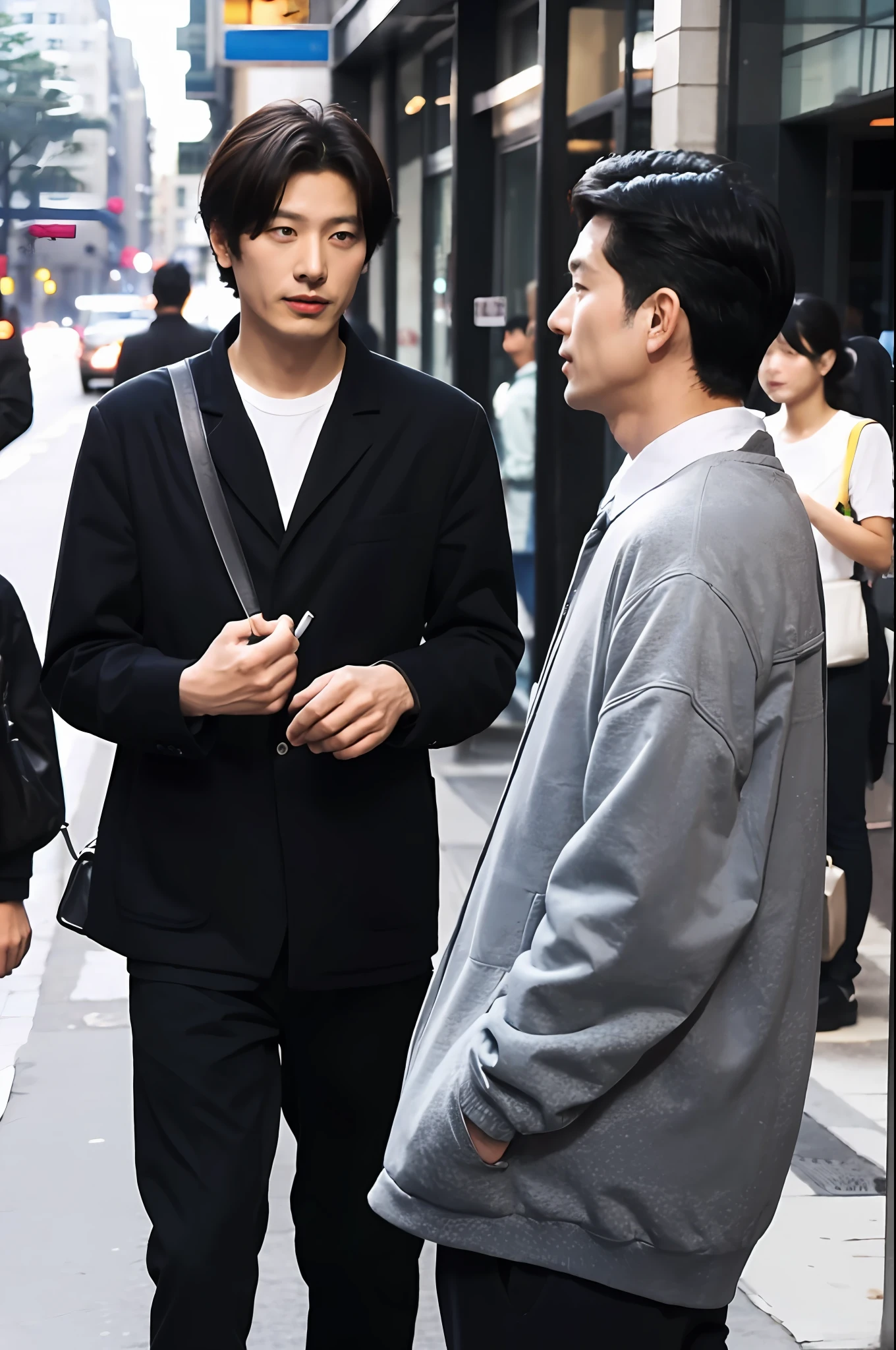 A man talking to another man on the street, paparazzi, people in the background