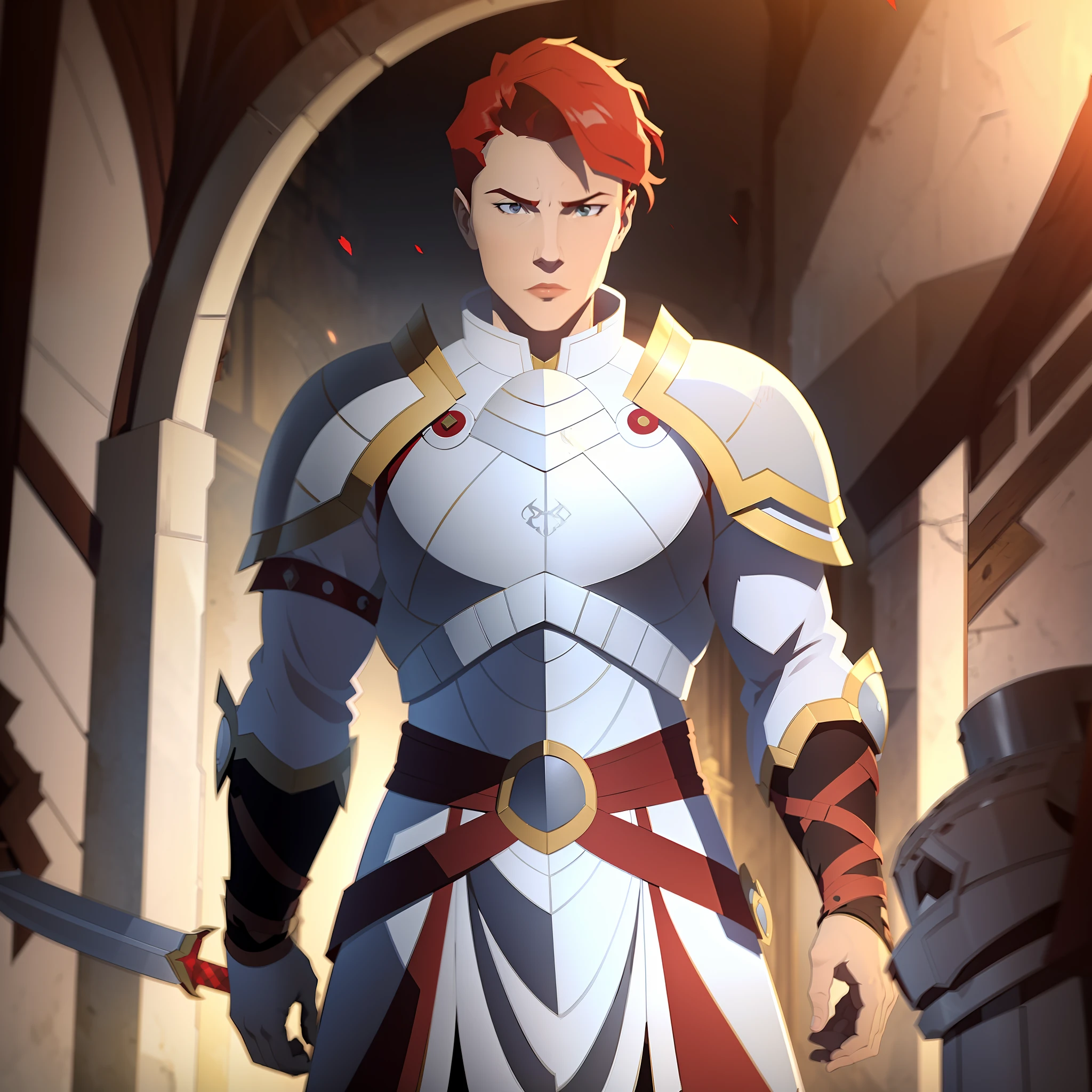 (8k) ((masterpiece)) (((many details)) male, short hair, red hair, strong, paladin, full silver armor, white tunic, large shield, large sword