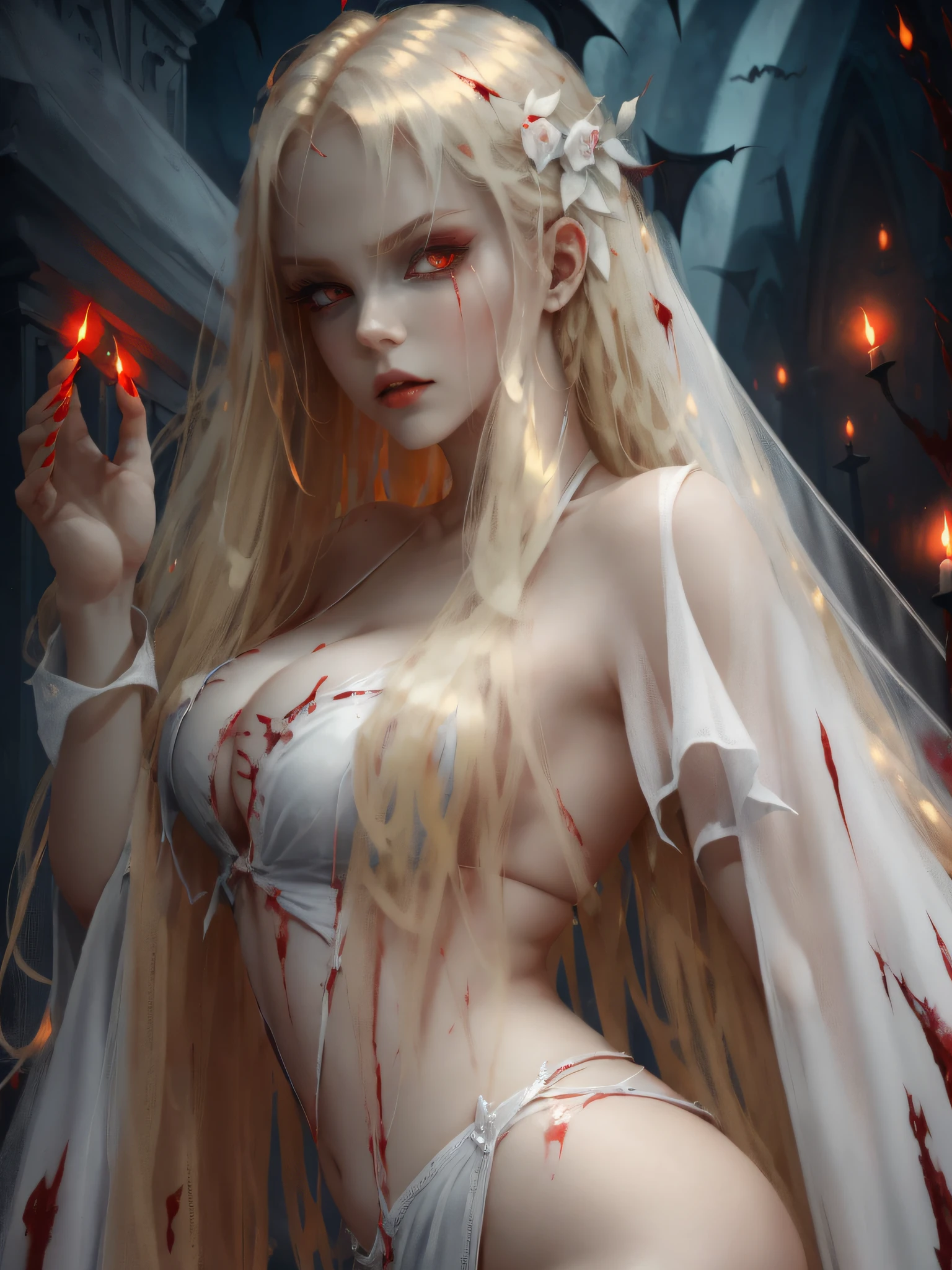 A vampire in short white clothes stained with blooaring at the viewer, full body, flowing blonde hair, menacing gaze and gleaming vampire fangs, blood sta her pale face, big, sharp nails ready to strike, in a night cemetery with intensely mesmerizing red eyes