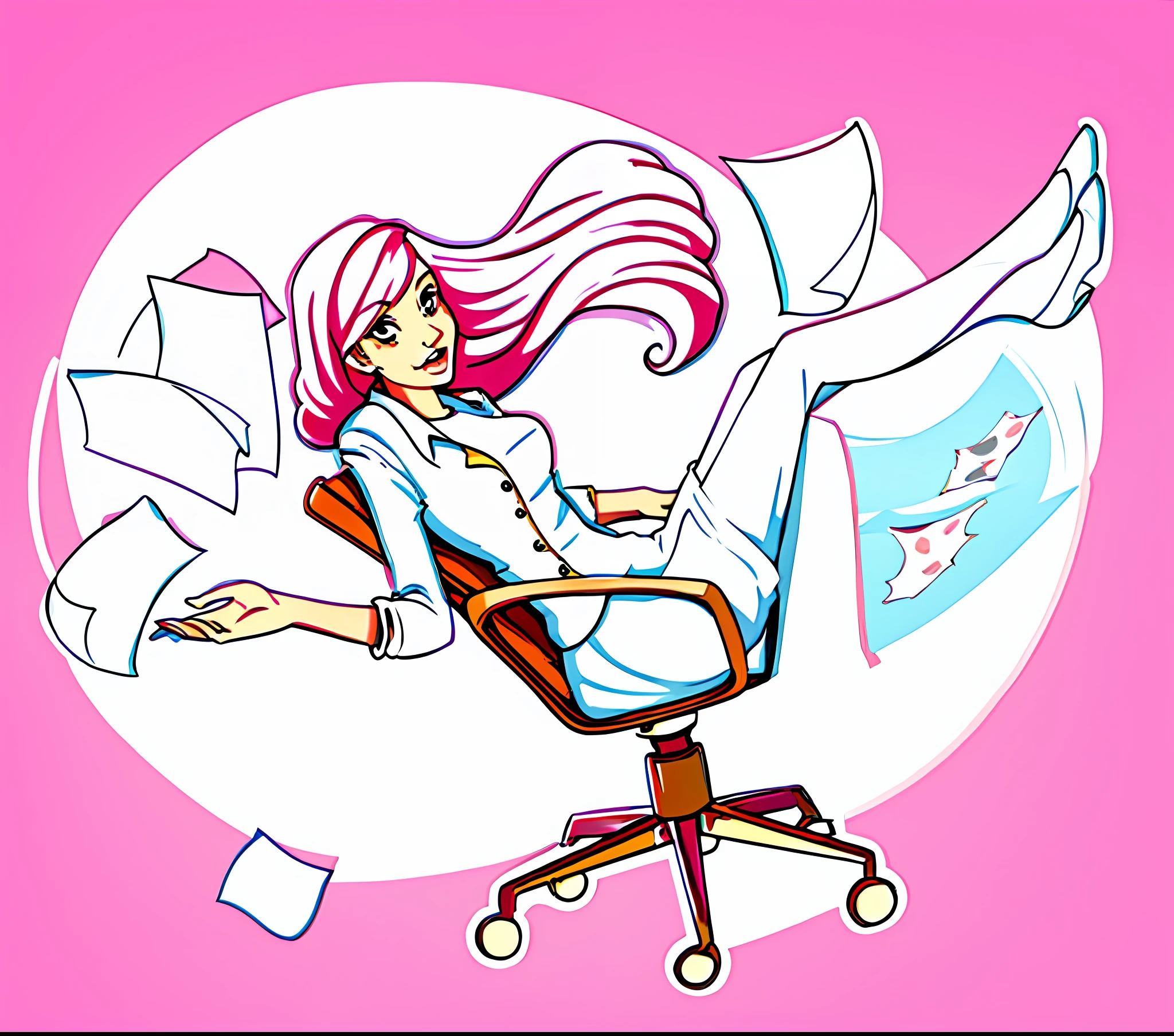 cartoon woman sitting in a chair with papers flying around her, hd illustration, official illustration, in style of digital illustration, digital illustration -, cartoon style illustration, full color digital illustration, high quality illustration, funny illustration, [ digital art ]!!, a beautiful artwork illustration, proffesional illustration, illustration!, an illustration, anime style”, full color illustration