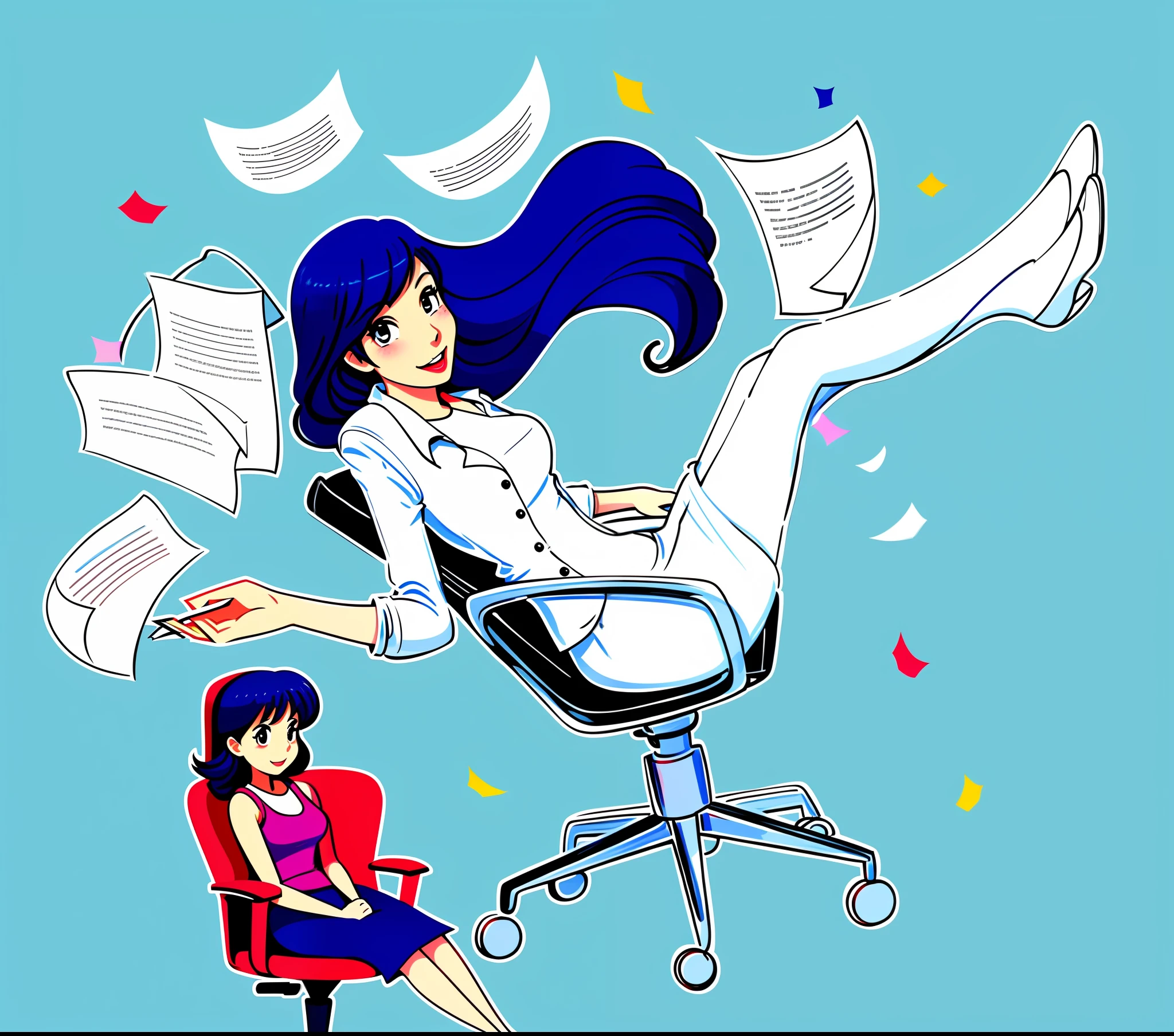 cartoon woman sitting in a chair with papers flying around her, hd illustration, official illustration, digital illustration -, in style of digital illustration, cartoon style illustration, full color digital illustration, high quality illustration, funny illustration, [ digital art ]!!, a beautiful artwork illustration, proffesional illustration, illustration!, an illustration, anime style”, full color illustration