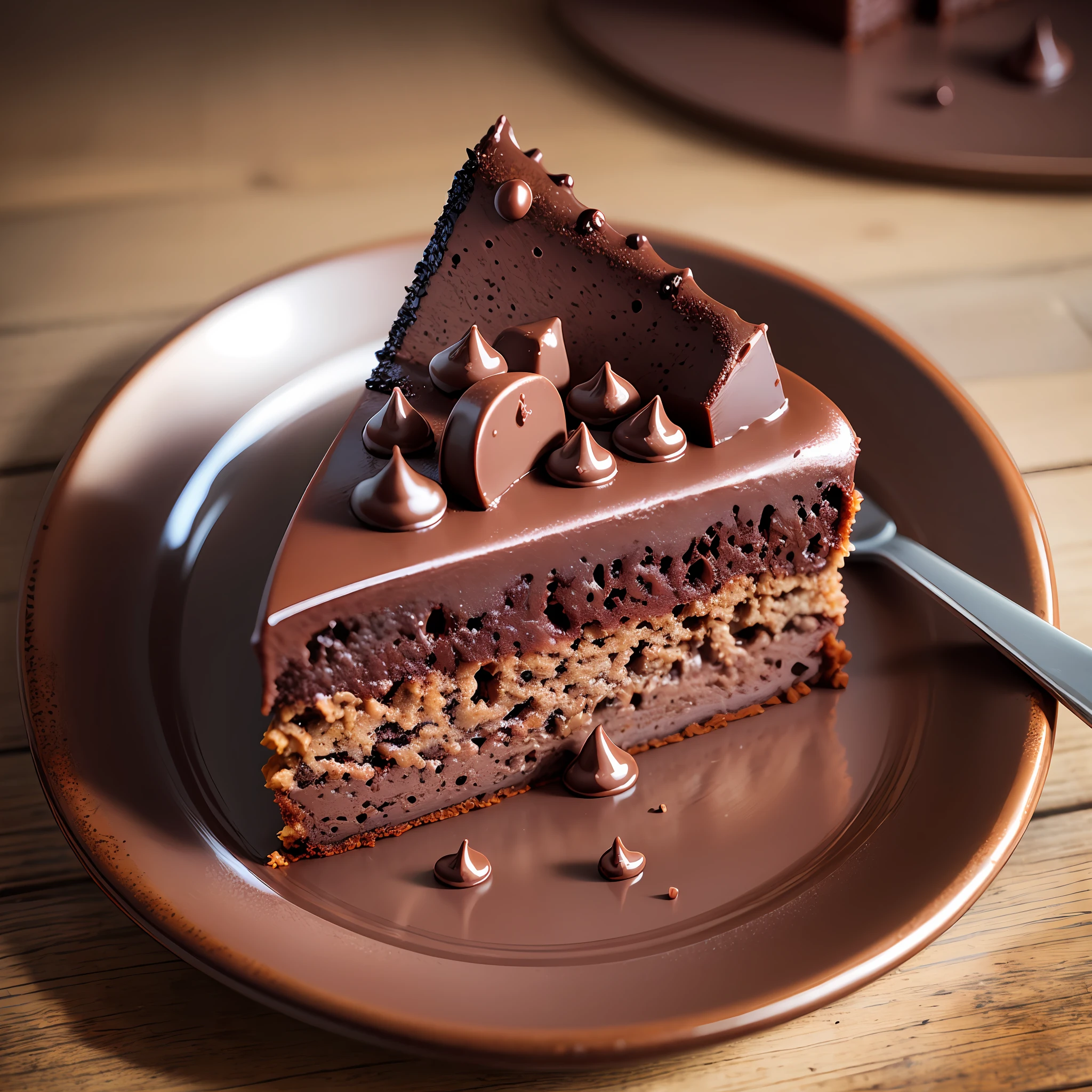 Slice of chocolate cake with chocolate icing on an old plate, photo produced in studio, realistic quality and high definition --auto --s2