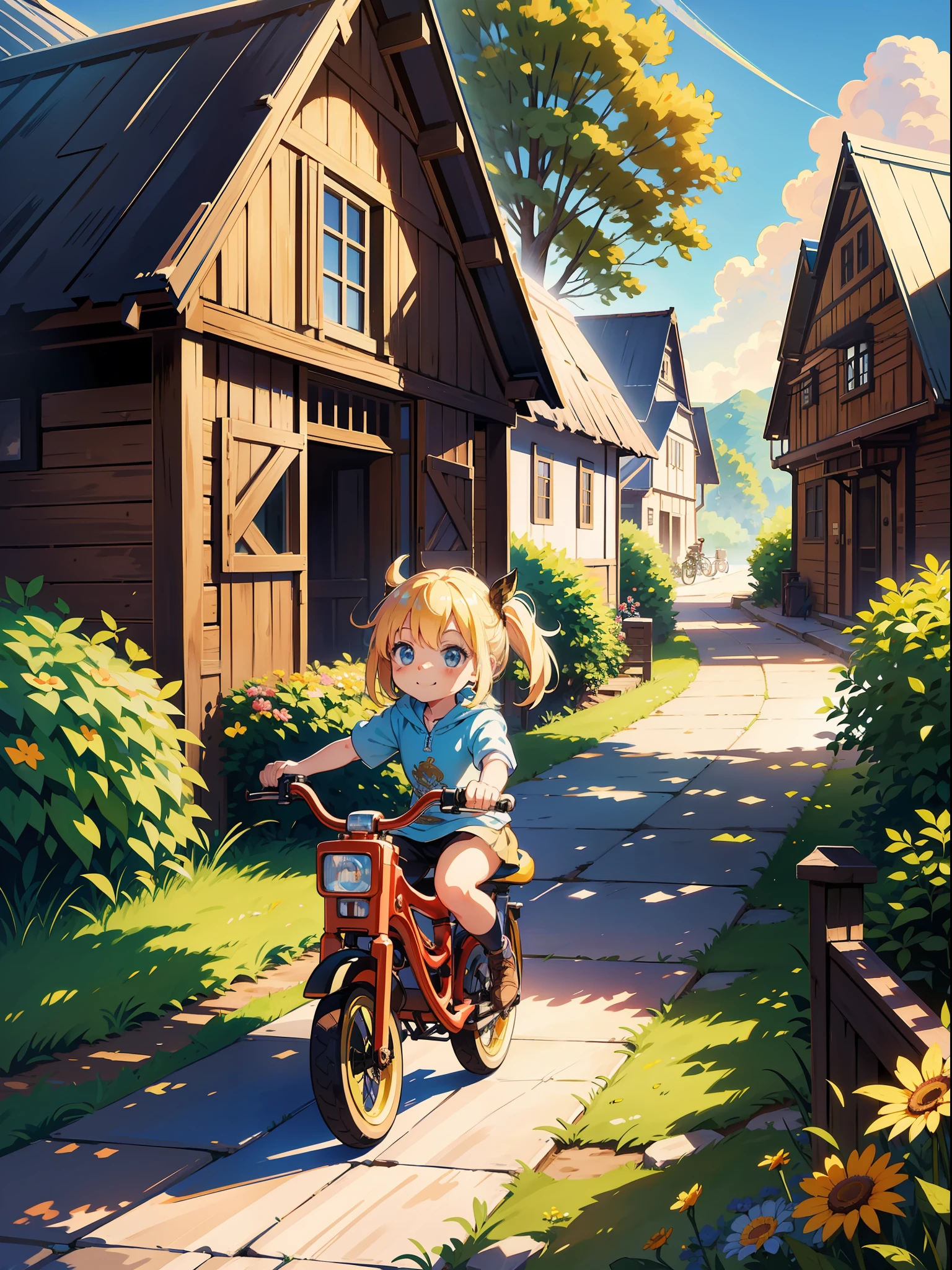 Sunny bike ride, Beautiful 3d art, digital painting, luminism, Detailed and intricated little chibi girl Riding a trike, detailed face. smiling, farm, hyperdetailed, farm house, sunlight, sunbeams, complex, dynamic composition, artstation, Greg Rutkowski, artgem, craola, wlop, complex, highly detailed.