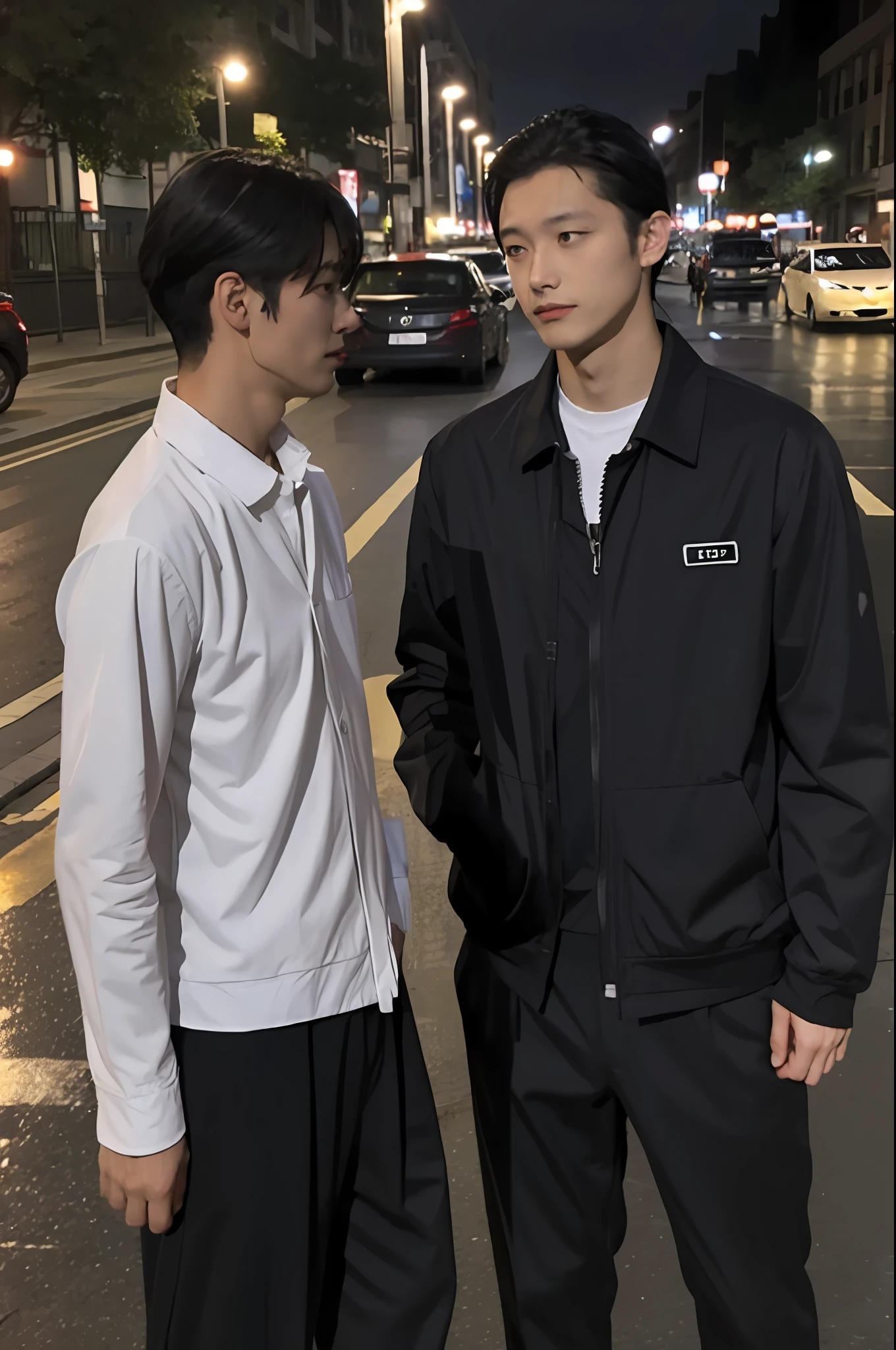 A man talking to another man on the street, almost night, rain