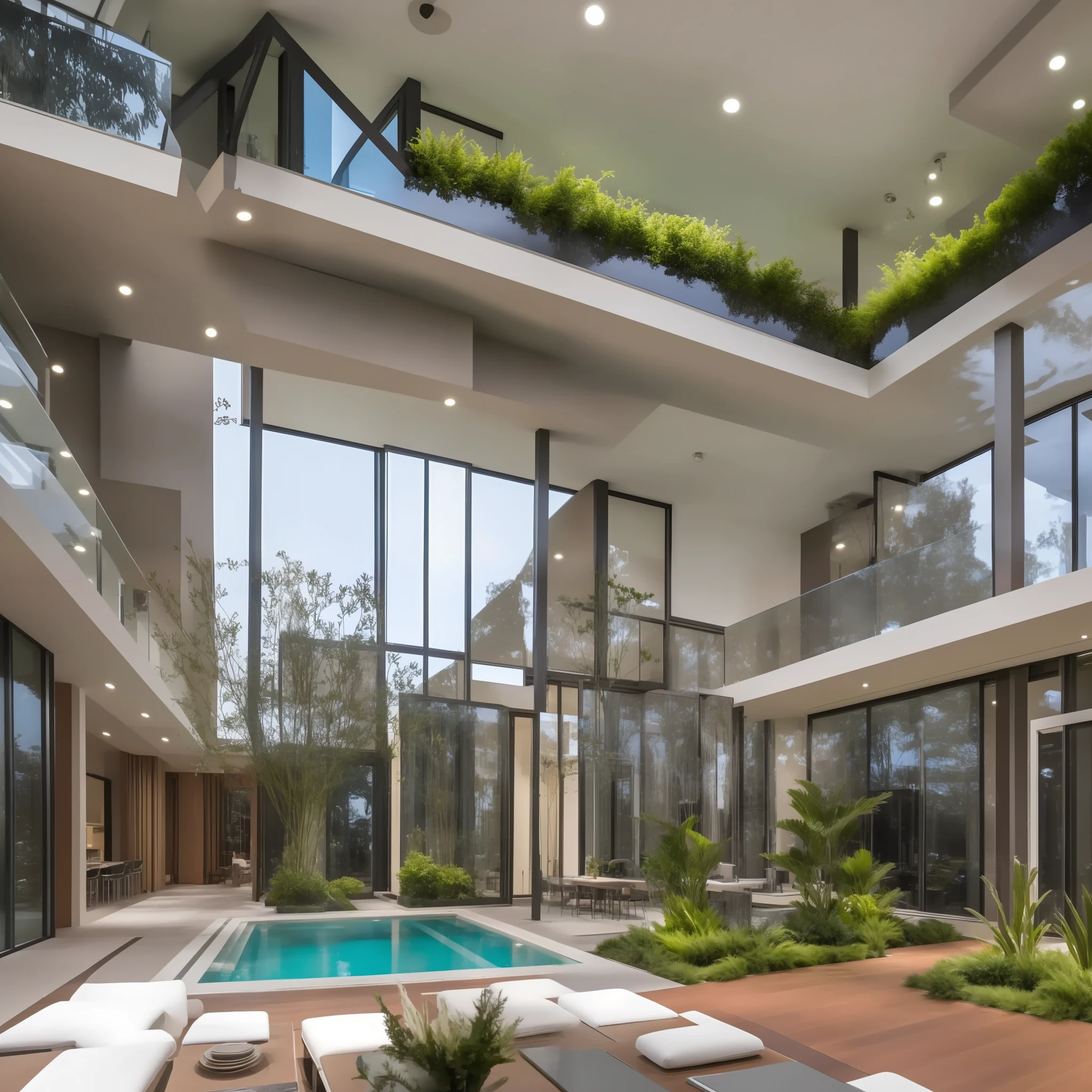 a luxury modern house, industrial style, warm light, plants, water, high ceiling, big window. fountains