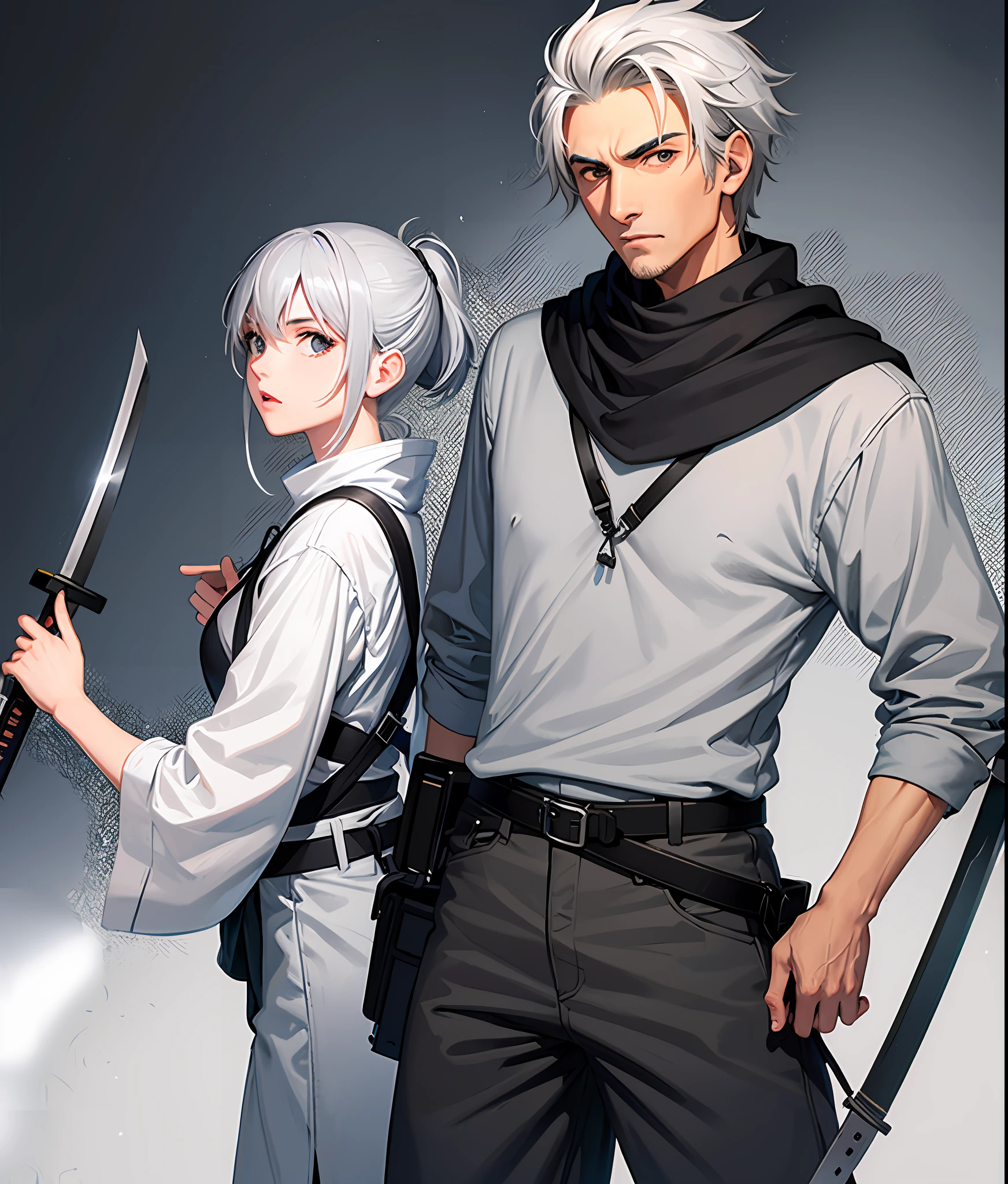 A rebellious man of 26 with shivering gray hair and silver eyes, his outfit is gray resembling a villager, she carries a katana