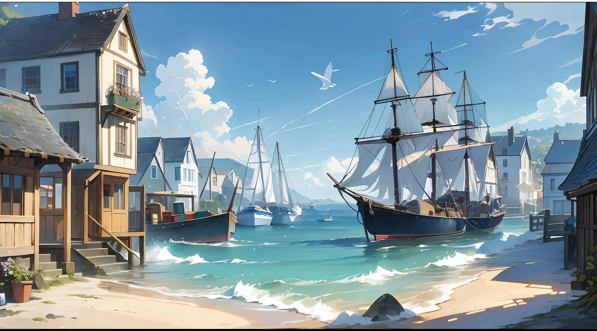 Coastal Town, Quaint, seaside atmosphere with a touch of nostalgia, High quality, charming cottages and cobblestone streets, Sandy beach with gentle waves lapping against the shore, Colorful fishing boats bobbing in the harbor, creating a picturesque scene, Clear blue skies and seagulls soaring overhead, adding to the tranquil ambiance, visual novel background, anime concept art, masterpiece, computer wallpaper, 8k, detailed