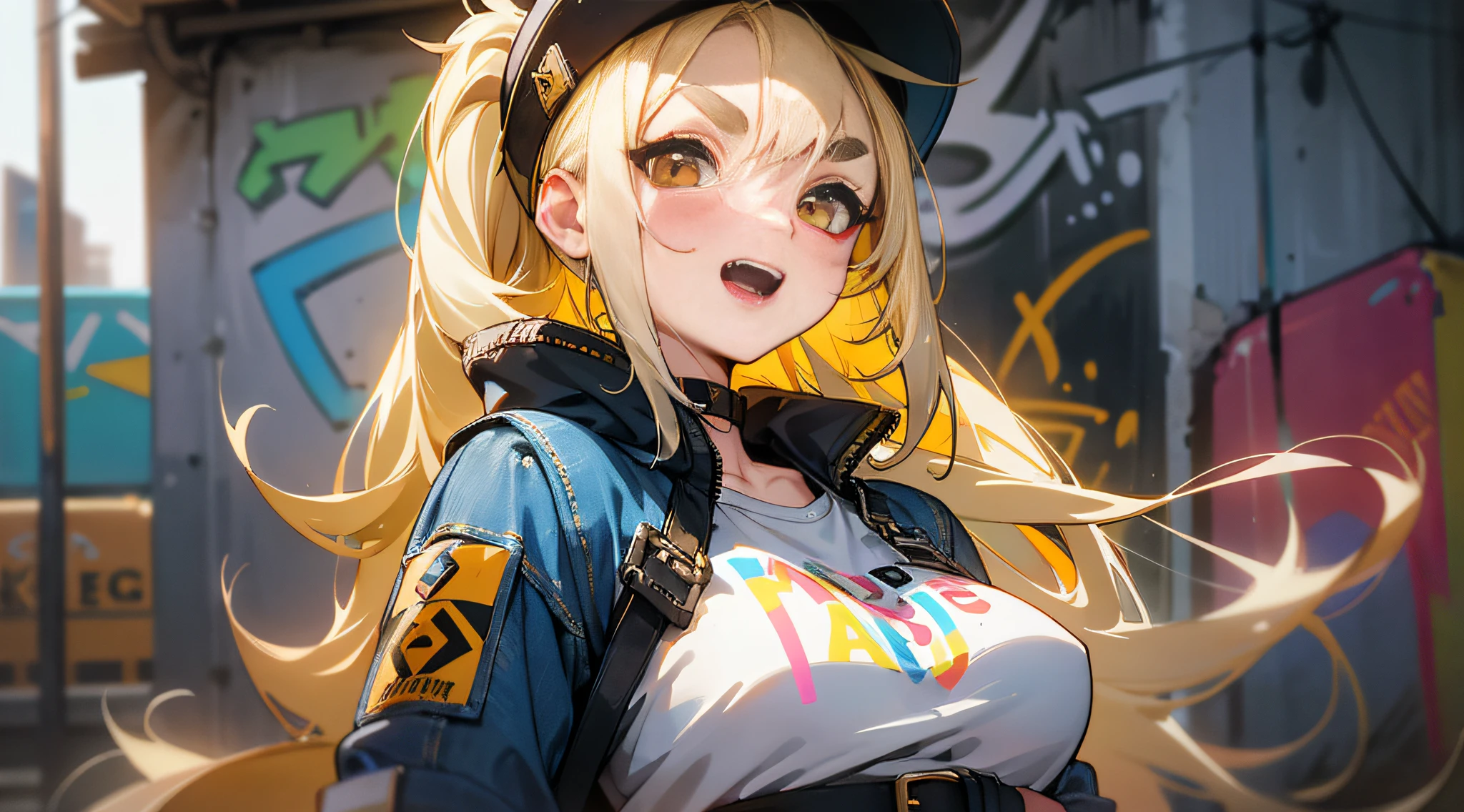 Original Character, Volumetric Lighting, Best Shadow, Shallow Depth of Field, Portrait of a Beautiful Girl, Petite, Delicate Beautiful and Charming Face, Charming Yellow Eyes, Messy Painted Face, Sharp Eyebrows, Bright Smile, Open Mouth, Fangs Exposed, Cute Huge Breasts, Layered Long Ponytail Blonde Hair, Blush Eye Shadow, Thick Eyelashes, Applejack Hat, Oversized Pop Jacket, Mini Underboob Tee, Crop Button, Slim Waist, Jean Jeans, Buckle Belt, In The Graffiti Alley, trash cans, outside stairs, outdoor unit, holding spray paint cans, (highest quality, amazing detail: 1.25), (solo: 1.3), brilliant and colorful paintings