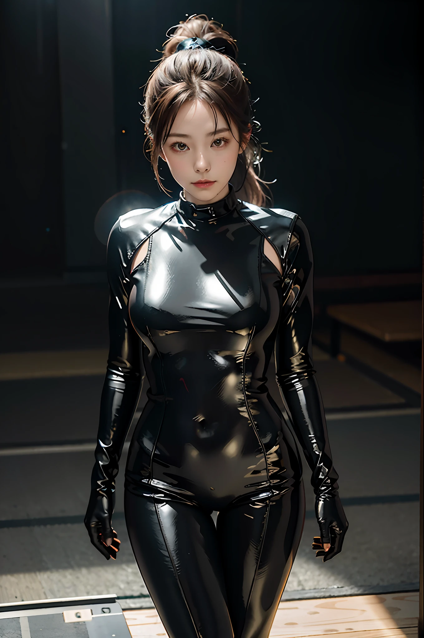 (8K, RAW Photo, Top Quality, Masterpiece: 1.2), (Realistic, Realistic: 1.4), Cute, Japanese Girl, Delicate Beautiful Face, Professional Lighting, Photon Mapping, Teleportion, Physically Based Rendering, Full Body Covering Costume, Shiny Costume, Ponytail, Black Tight Suit, Sexy, Watch Viewer, CG Wallpaper, Realistic Night Background, Clear Background, Medium Breasts, Black Gloves, Full Body, Boots, Forward Tilt Staddle, Faint smile, thigh gaps are clearly visible, The areola is translucent