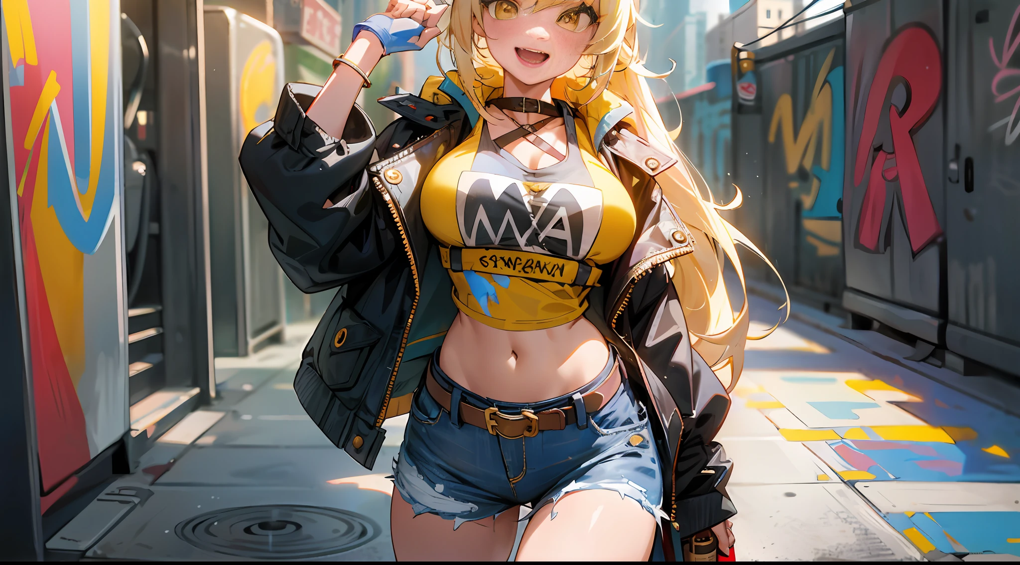 Original Character, Volumetric Lighting, Best Shadow, Shallow Depth of Field, Portrait of a Beautiful Girl, Petite, Delicate Beautiful and Charming Face, Charming Yellow Eyes, Messy Painted Face, Sharp Eyebrows, Bright Smile, Open Mouth, Fangs Exposed, Cute Huge Breasts, Layered Long Ponytail Blonde Hair, Blush Eye Shadow, Thick Eyelashes, Applejack Hat, Oversized Pop Jacket, Mini Underboob Tee, Crop Button, Slim Waist, Jean Jeans, Buckle Belt, In The Graffiti Alley, trash cans, outside stairs, outdoor unit, holding spray paint cans, (highest quality, amazing detail: 1.25), (solo: 1.3), brilliant and colorful paintings
