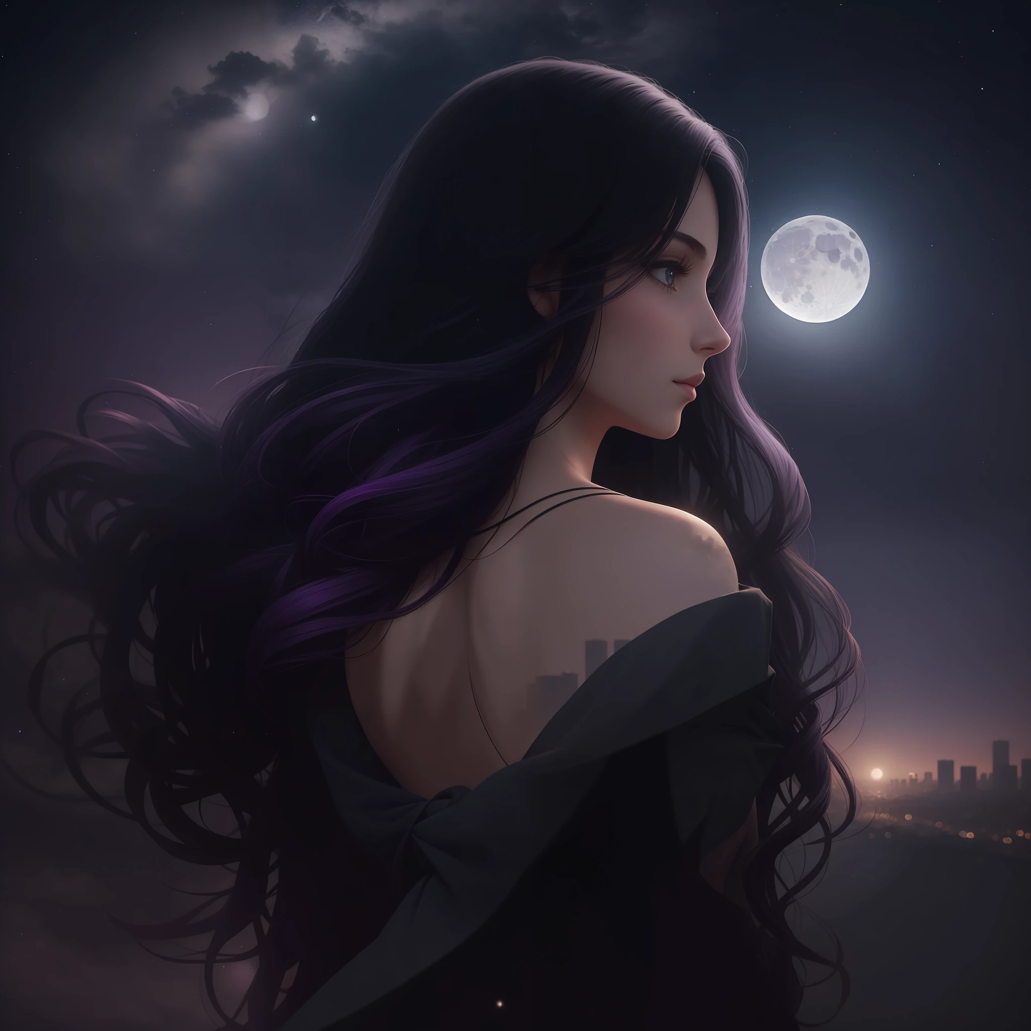 Woman walking on her back down a road at night towards a city and a distant man blurred, with fog and shadows, wavy and long black hair, high quality, ultra-detailed, 8k, masterpiece, (volumetric lighting), black magic, fanciful, lilac colors, purple, shadows and vivids on the woman's back, magic in their hands and a moon behind --auto --s2