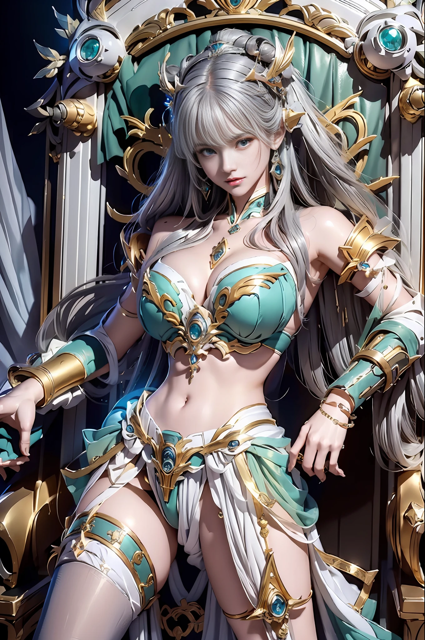 Cyberpunk style mecha Saint Seiya Queen sleeping on throne, ancient technology, ancient legend, white hair (white stockings: 1.5) (Throne: 1.4), sword, (mecha God of War), Egyptian style, (Saint Seiya: 1.7), Taoist symbols, (dragon pattern: 1.6), bare shoulders, bare navel, bare buttocks, bare panties, bare ass, (gold thread: 1.5) ultra-realistic, boca effect, shot in the style of David La Chapelle, bioluminescent palette: lilac, pale gold, bright white, ultra-fine, Cinematic Still Life, Energetic, Unrealistic Engine Style, Sakimichan, Underboob, Perfect Eye, Highest Image Quality 16K, Inspired by Harry Winston, shot on Canon EOS R 6, masterpiece , --Chaos 50, gray hair, crown, mole under the eyes, gitchem, wide angle, canon, from above, projection illustration, ray tracing, surrealism, textured skin --s2