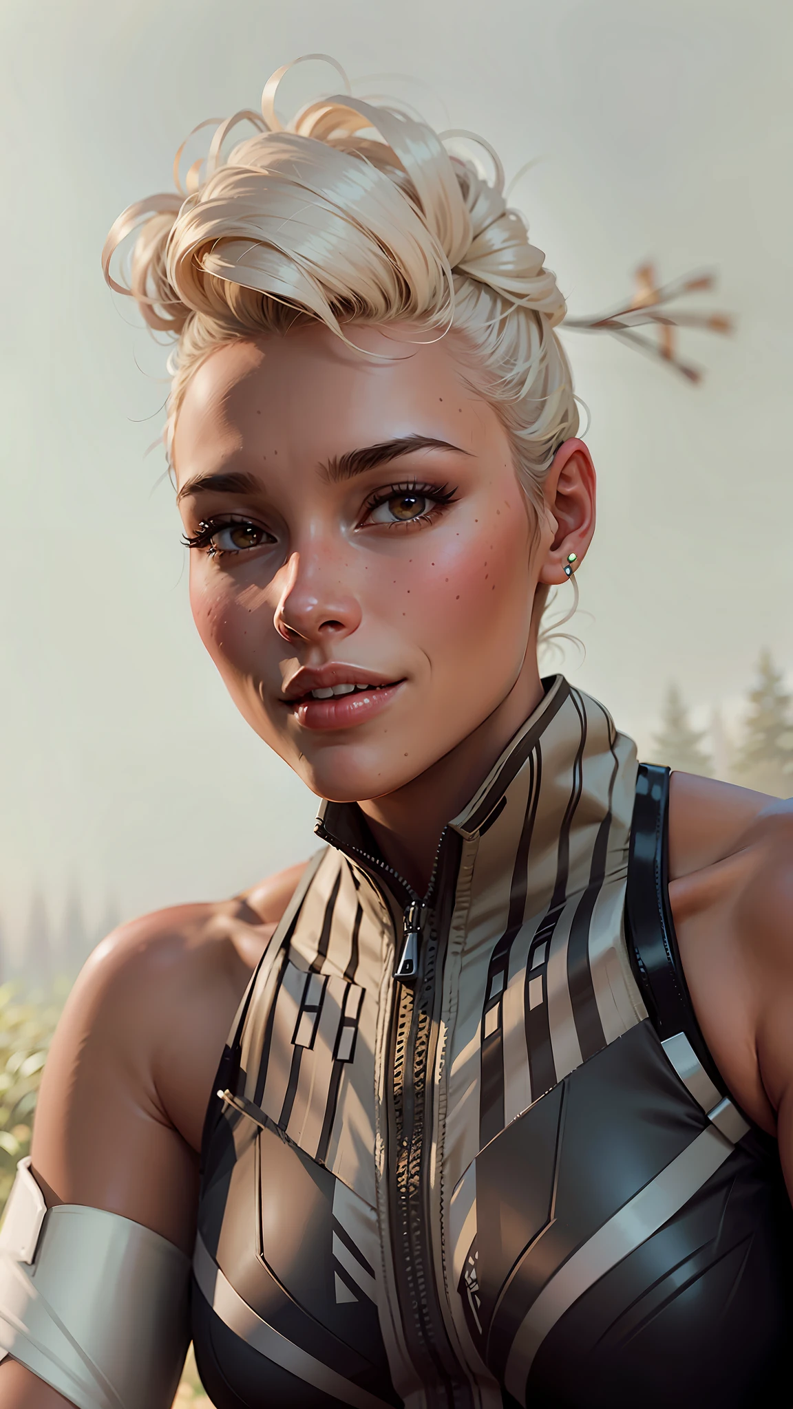a hyper-realistic portrait of a young woman, smiling, under a tree, inside a forest, in the middle of nature, 22 years old, realistic, (lying on her side), sexy, (huge breasts 2:1), short brown hair, (hair tied with bows), curved, SFW