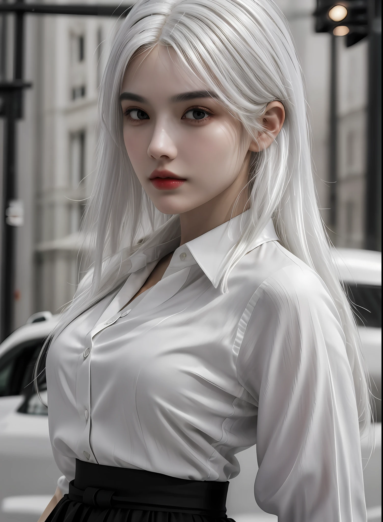 1girl, ((upper body, narrow waist, girl, white hair, long hair, black eyes)), (front view, from front), looking at viewer, Best quality, masterpiece, ultra high res, (photorealistic:1.4), 8k, clean, (incredibly absurdres, ultra-detailed,CG ,unity ,8k wallpaper), (detailed face :1.4),(beautiful detailed eyes :1.2),(detailed hair), light on face, cinematic lighting, perfect face, lips, adult, solo, white collared shirt, black skirt,(( wheaten skin, real skin))