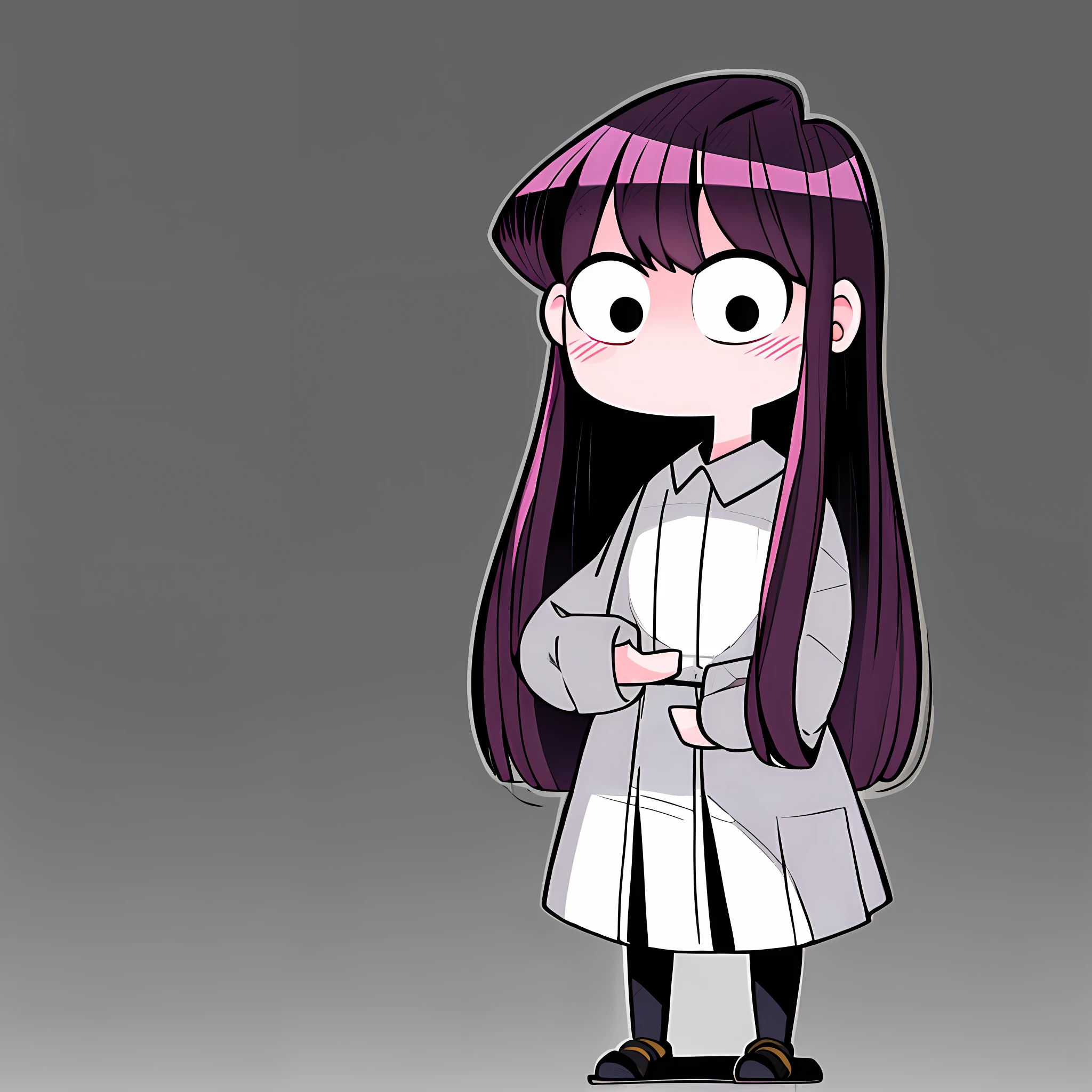 ((komi shouko)), 1girl, black eyes, dotted background, emphasis lines, komi-san wa komyushou desu, long hair, looking at the viewer, (no mouth), (no nose), pink hair, auto-upload, solo, sound effects, full body, blush nose, big eyes, shaded face
