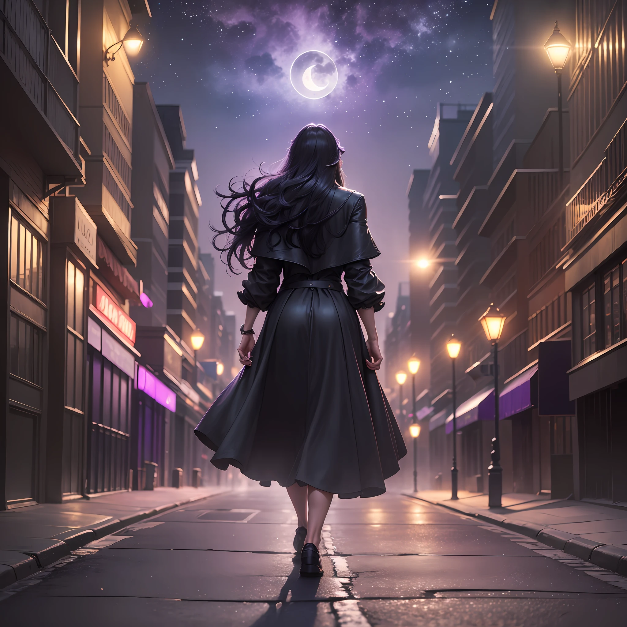 Man walking on his back down a road at night towards a city, with fog and shadows, wavy and long black hair, high quality, ultra-detailed, 8k, masterpiece, (volumetric lighting), black magic, fanciful, lilac colors, purple, shadows and vivids on the woman's back, magic in their hands and a moon behind --auto --s2