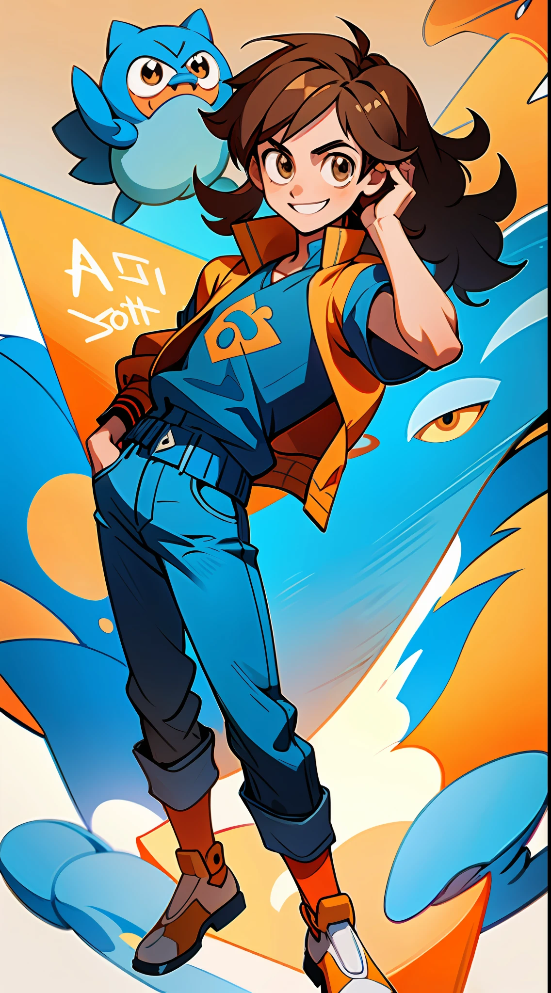 (best quality, masterpiece), 1boy, Pokémon Sicamari, gamepad, mist, (cartoon: 1.5), jacket, jeans, avatar style, smiling, orange and blue elements, long and light brown vabel, 30 years, long hair, brown eyes. brown eyes. Thin beard