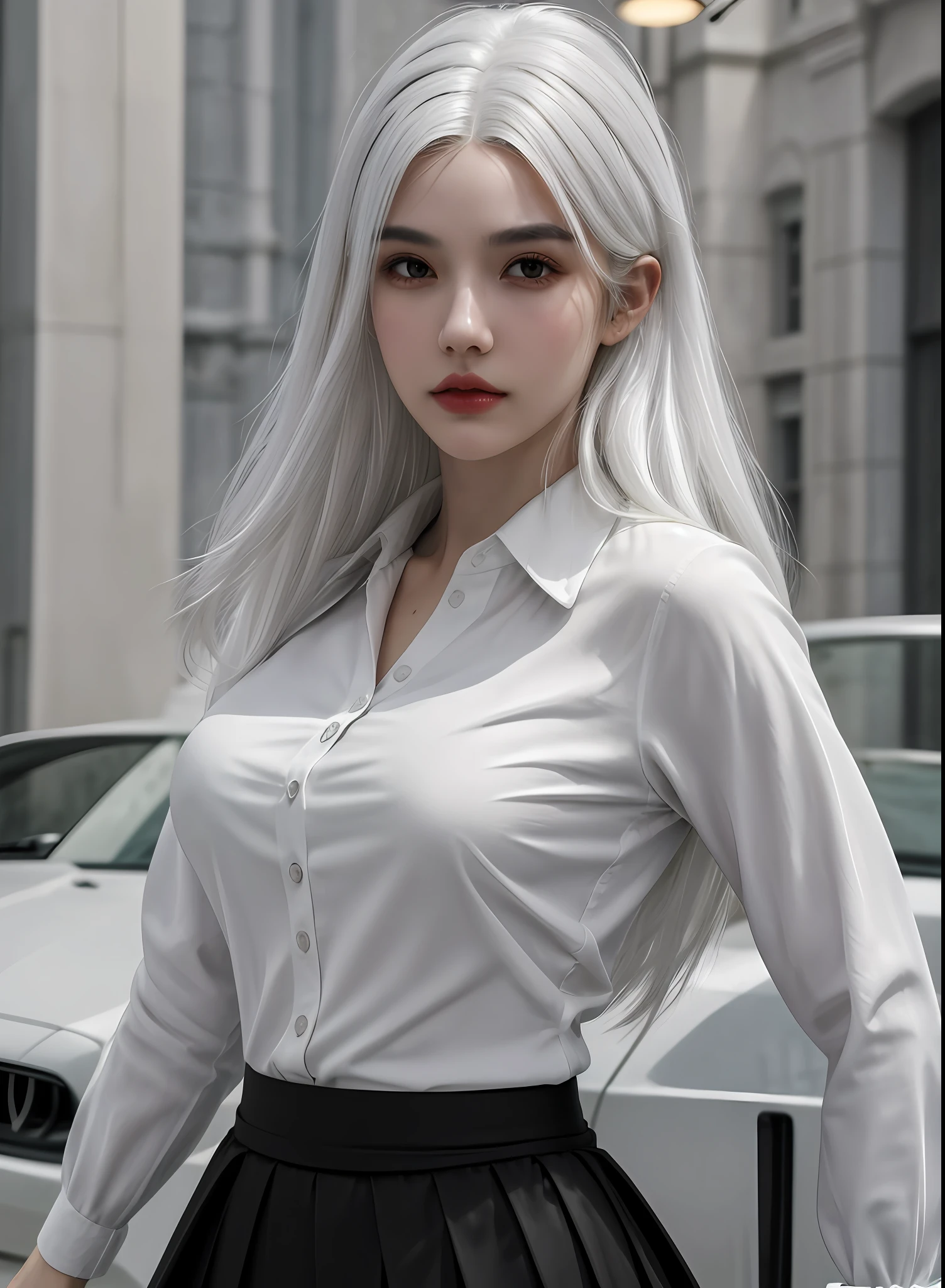 1girl, ((upper body, narrow waist, girl, white hair, long hair, black eyes)), (front view, from front), looking at viewer, Best quality, masterpiece, ultra high res, (photorealistic:1.4), 8k, clean, (incredibly absurdres, ultra-detailed,CG ,unity ,8k wallpaper), (detailed face :1.4),(beautiful detailed eyes :1.2),(detailed hair), light on face, cinematic lighting, perfect face, lips, adult, solo, white collared shirt, black skirt,(( wheaten skin, real skin))