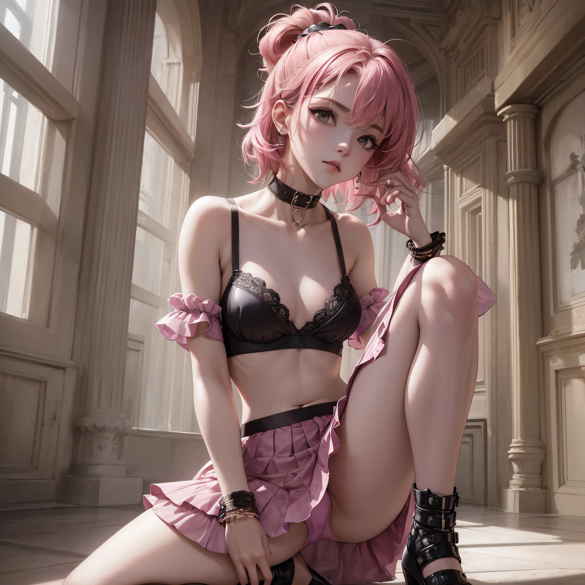 ((medium chest, tomboyish girl, small head)), daylight, sunlight, (perfect body: 1.1), (young), (short wavy hair: 1.2), choker, full body photo, sheer panties , ((wearing a pink sheer sheer short top)), ((miniskirt)), (extremely detailed 8k CG wallpaper), (an extremely delicate and beautiful piece), (masterpiece), (best quality: 1, 0), (high resolution: 1.0) , beautiful lighting, hard nipple, camel&#39;s foot, perfect lightning, pulled skirt, realistic shadows, [highres], detailed skin, ultra-detailed, open thigh, one leg up, crouched on floor, black thigh-length, red high heels, big earring, thighs, (((colorful))), (loosely worn top), beauty mark, low angle, photo facing camera, sheer bra --auto --s2
