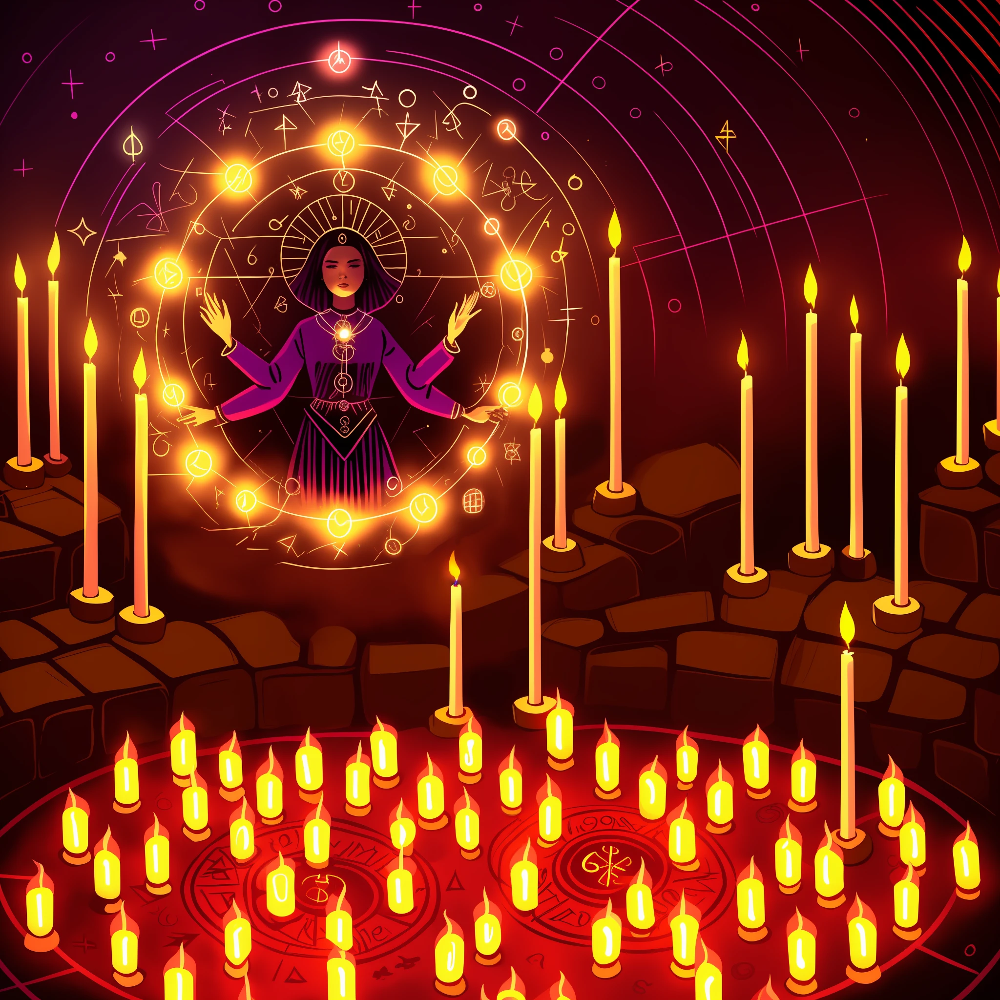 A graphic depicting Grafite Deusa Hécate surrounded by a circle of glowing candles, representing her association with witchcraft and magic. The candles can be illustrated in different colors, symbolizing various aspects of her power.