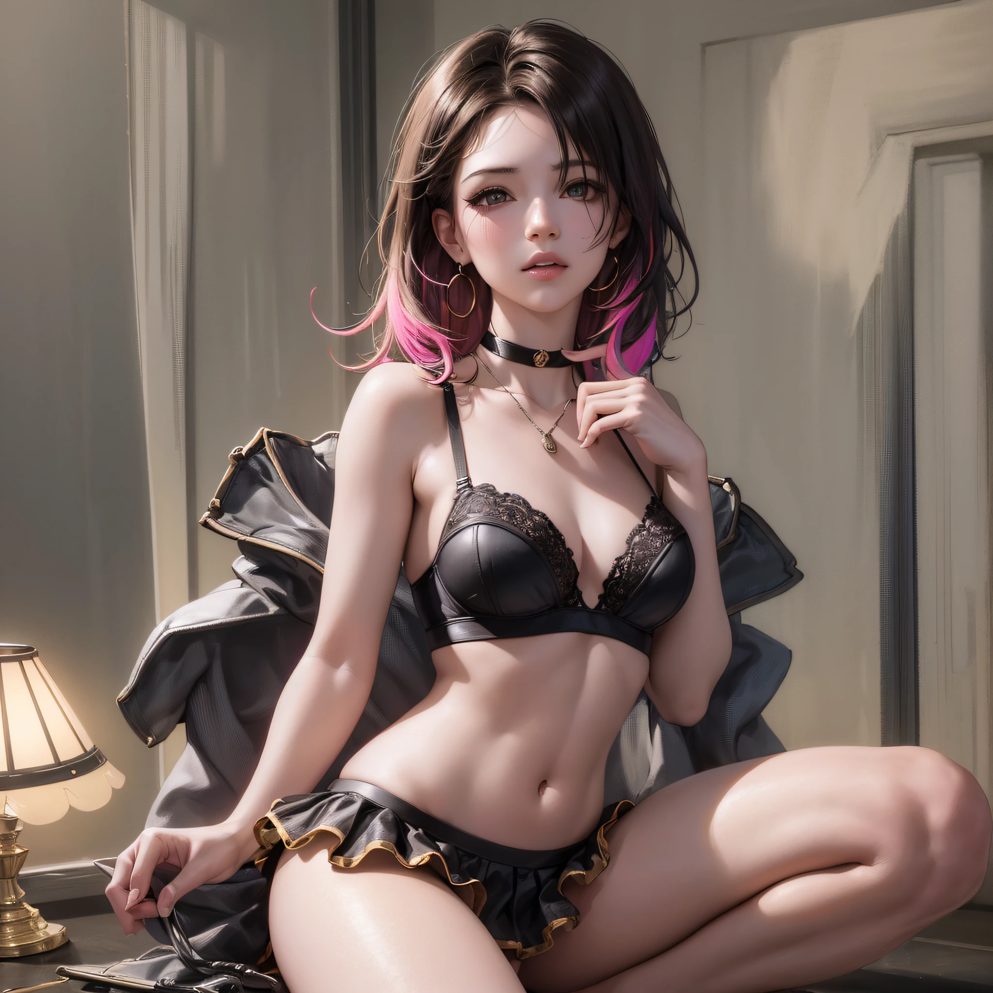 ((medium chest, tomboyish girl, small head)), daylight, sunlight, (perfect body: 1.1), (young), (short wavy hair: 1.2), choker, full body photo, sheer panties , ((wearing a pink sheer sheer short top)), ((miniskirt)), (extremely detailed 8k CG wallpaper), (an extremely delicate and beautiful piece), (masterpiece), (best quality: 1, 0), (high resolution: 1.0) , beautiful lighting, hard nipple, camel&#39;s foot, perfect lightning, pulled skirt, realistic shadows, [highres], detailed skin, ultra-detailed, open thigh, one leg up, crouched on floor, black thigh-length, red high heels, big earring, thighs, (((colorful))), (loosely worn top), beauty mark, low angle, photo facing camera, sheer bra --auto --s2