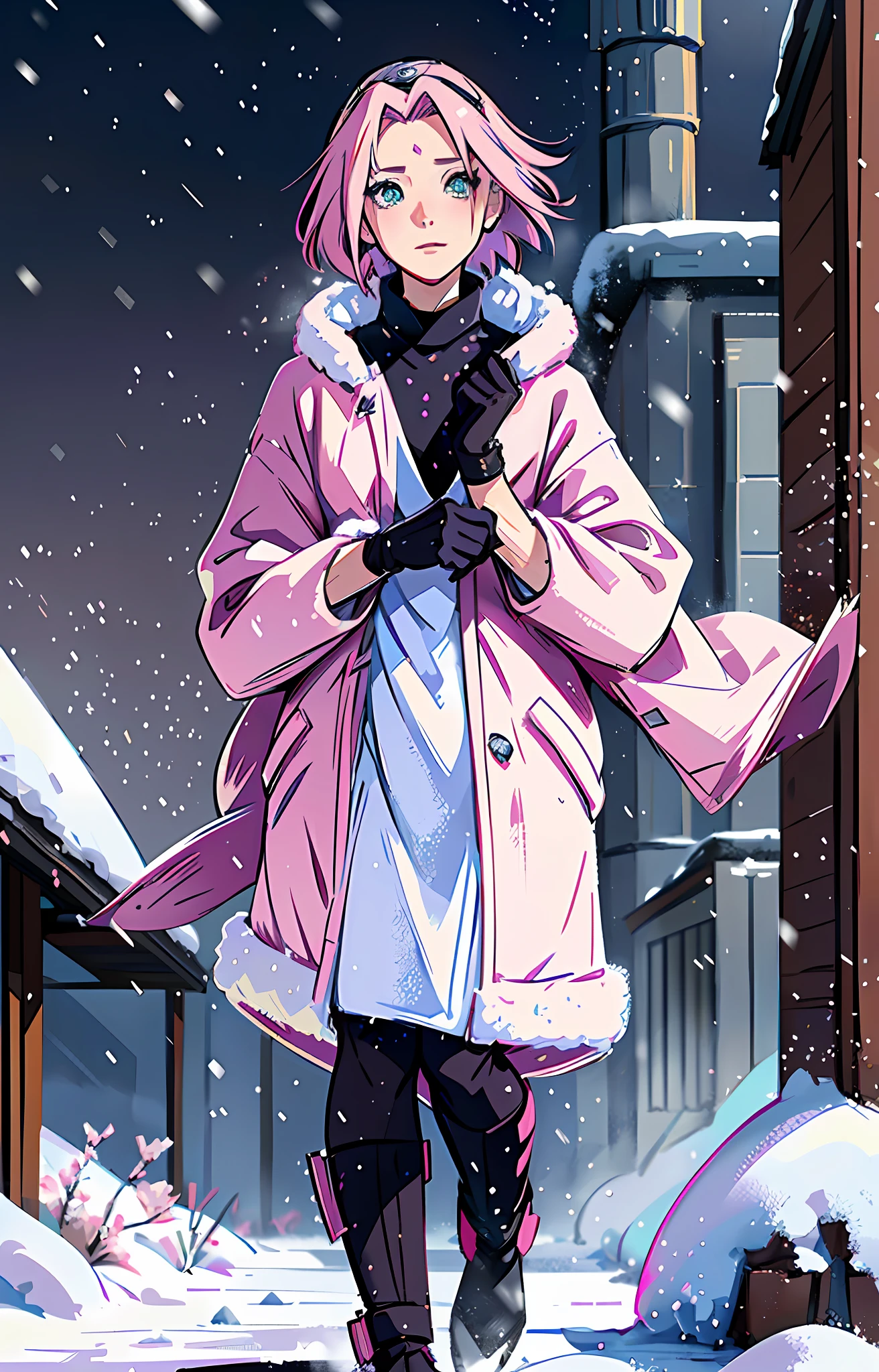 Sakura haruno, ((solo)), alone, ((forehead to show)), elegant,wearing black sweater, pink hair, delicate, young, short hair, detailed face, high definition, ((full body)), (snow around her), whole body, ((snowy day)), looking at the sky, she is a beautiful woman contemplating the snow, face with high quality, love