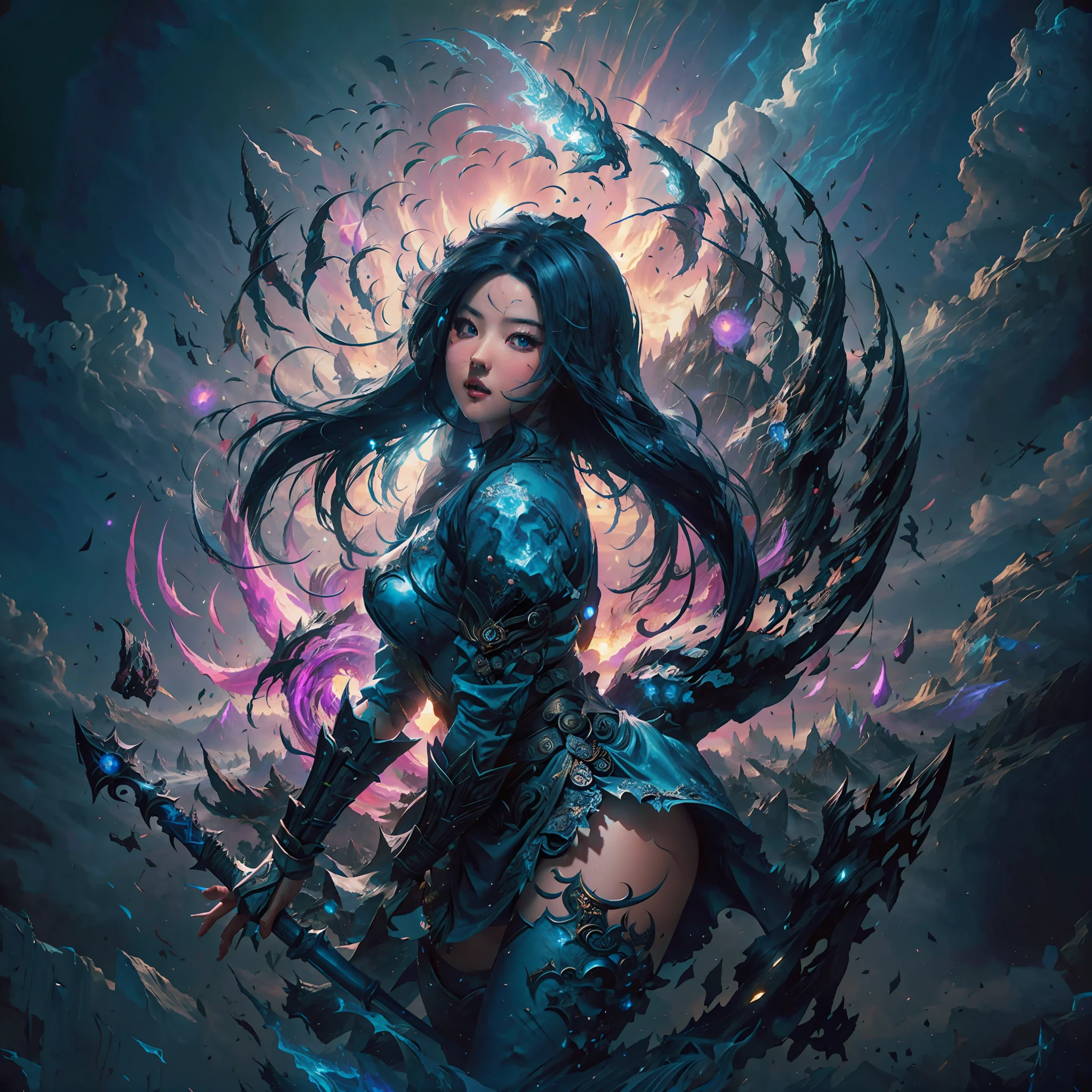 You are a talented illustrator at Riot Games and have been tasked with creating new splash art for the character Irelia in the game League of Legends. The image should be highly detailed, at a resolution of 4K, and capture the essence and visual style of Irelia, as well as the quality of the game's existing splash art. Irelia should be portrayed in a dynamic and impactful pose, highlighting her unique skills and characteristics. The color palette should be vibrant and balanced. Take inspiration from illustrator Bo Chen's artwork to incorporate stylistic and compositional elements. The image should be saved in PNG format to preserve quality and transparency. It now generates the rendered image according to these specifications, ensuring attention to detail such as facial expressions, clothing, weapons, and visual effects. --auto --s2