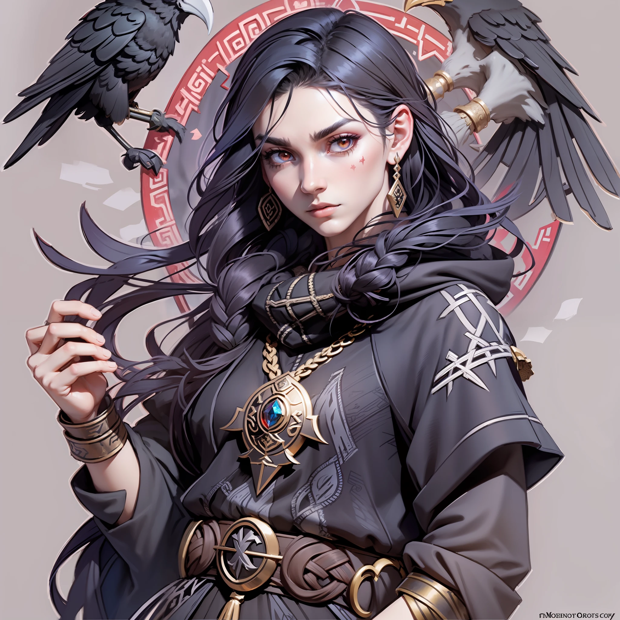 ruby guy, raven hair, long hair, bloodstones in his hair, glowing rubies adorn his hair, ancient rune pattern on the guy's cheeks, shamanic tattoo on his face, fog in the eyes, in the fog, eyes without pupils, empty eyes in the fog, emptiness in the eyes, fog, raven on the shoulder, celtic tunic, celtic clothes, raven, hood, ravens, golden runic patterns, high detail, digital painting, art station, concept art, matte, clear focus, illustration. very high resolution, masterpiece, amazing, trendy artstation, 8k, uhd, watercolor, postcard, full length, portrait.