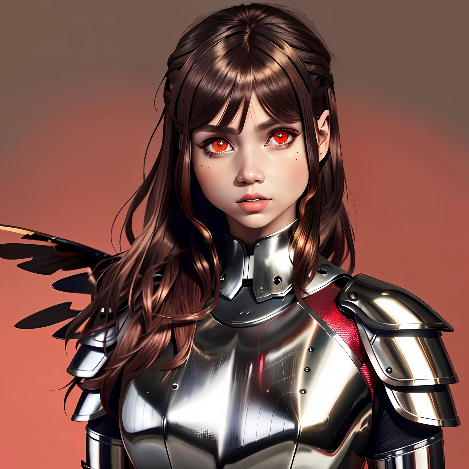 Girl with brown insect wings wearing red, black and silver armor, brown hair and red eyes