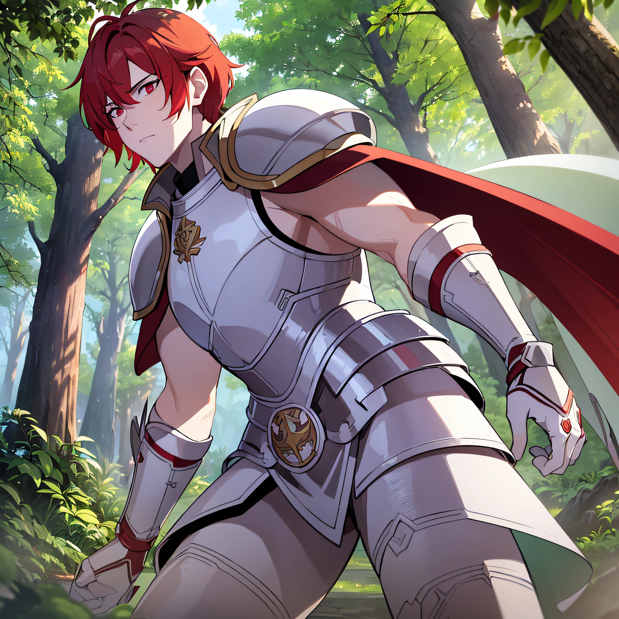 (8k) ((masterpiece)) (((many details)) male, short hair, red hair, red eyes, strong, paladin, full silver armor, white tunic, large shield, big sword, forest,