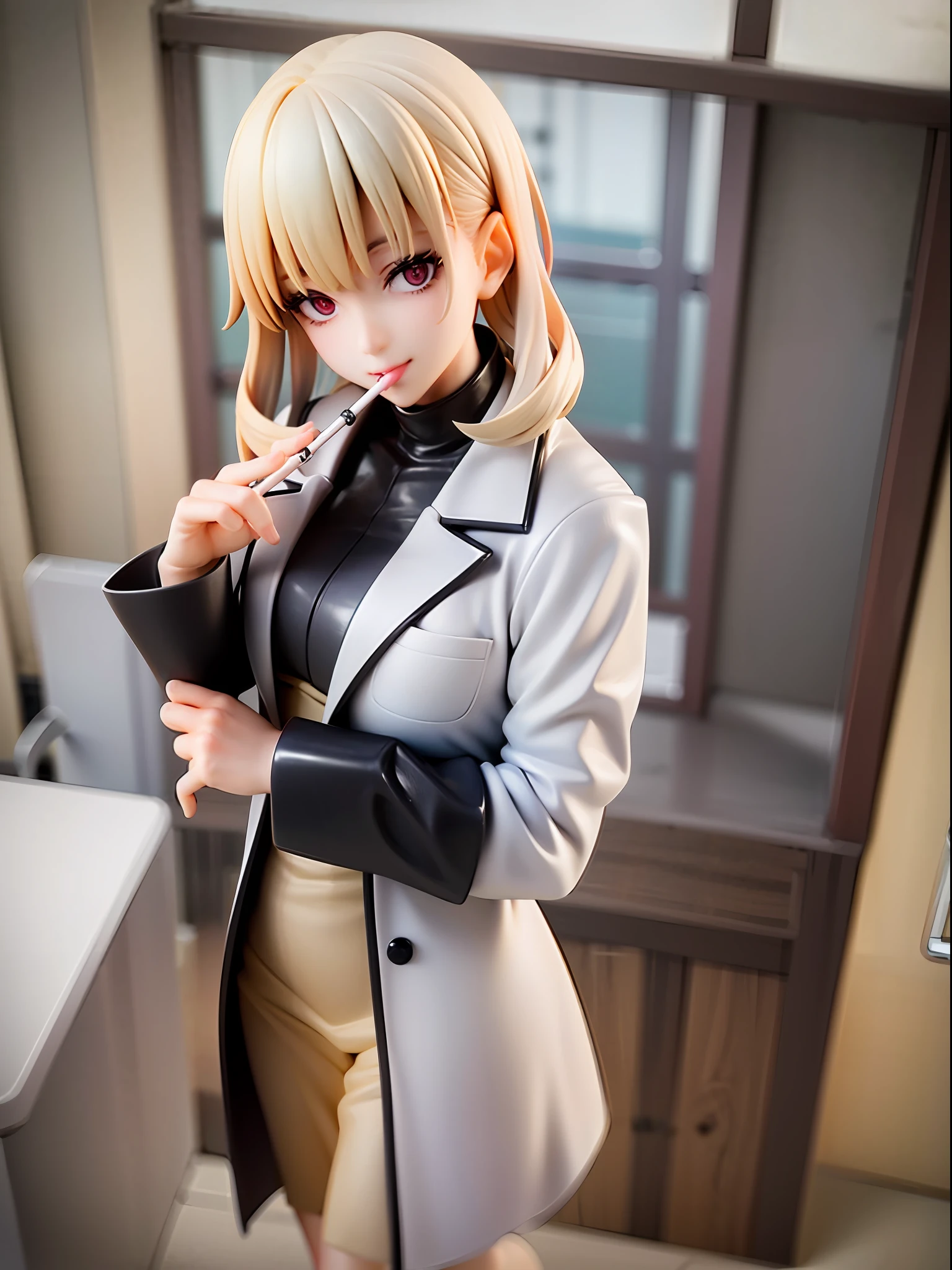 From above, close-up, lab coat, seductive smile, white blouse, black skinny pants, chest open, white coat open, beige hair, wolf hair, medium hair, beige eyes, holding a cigarette, holding a stethoscope, clinic examination room, patient bed, medical equipment, quiet town outside the window