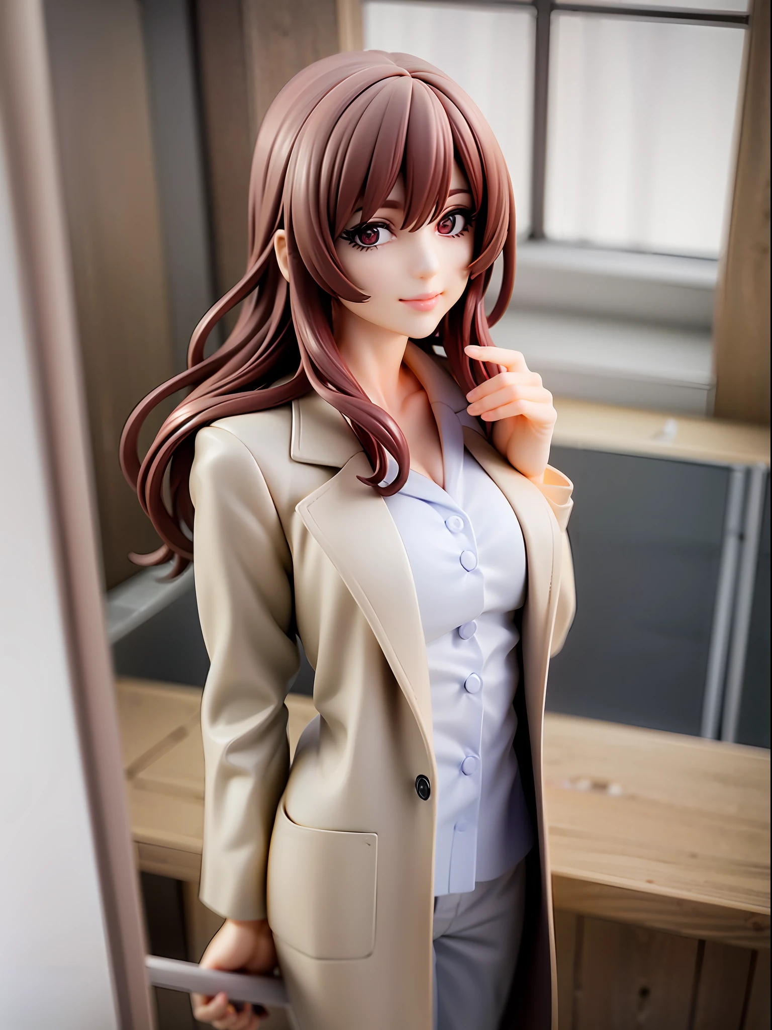 From above, close-up, lab coat, seductive smile, white blouse, black skinny pants, chest open, white coat open, beige hair, wolf hair, medium hair, beige eyes, holding a cigarette, holding a stethoscope, clinic examination room, patient bed, medical equipment, quiet town outside the window