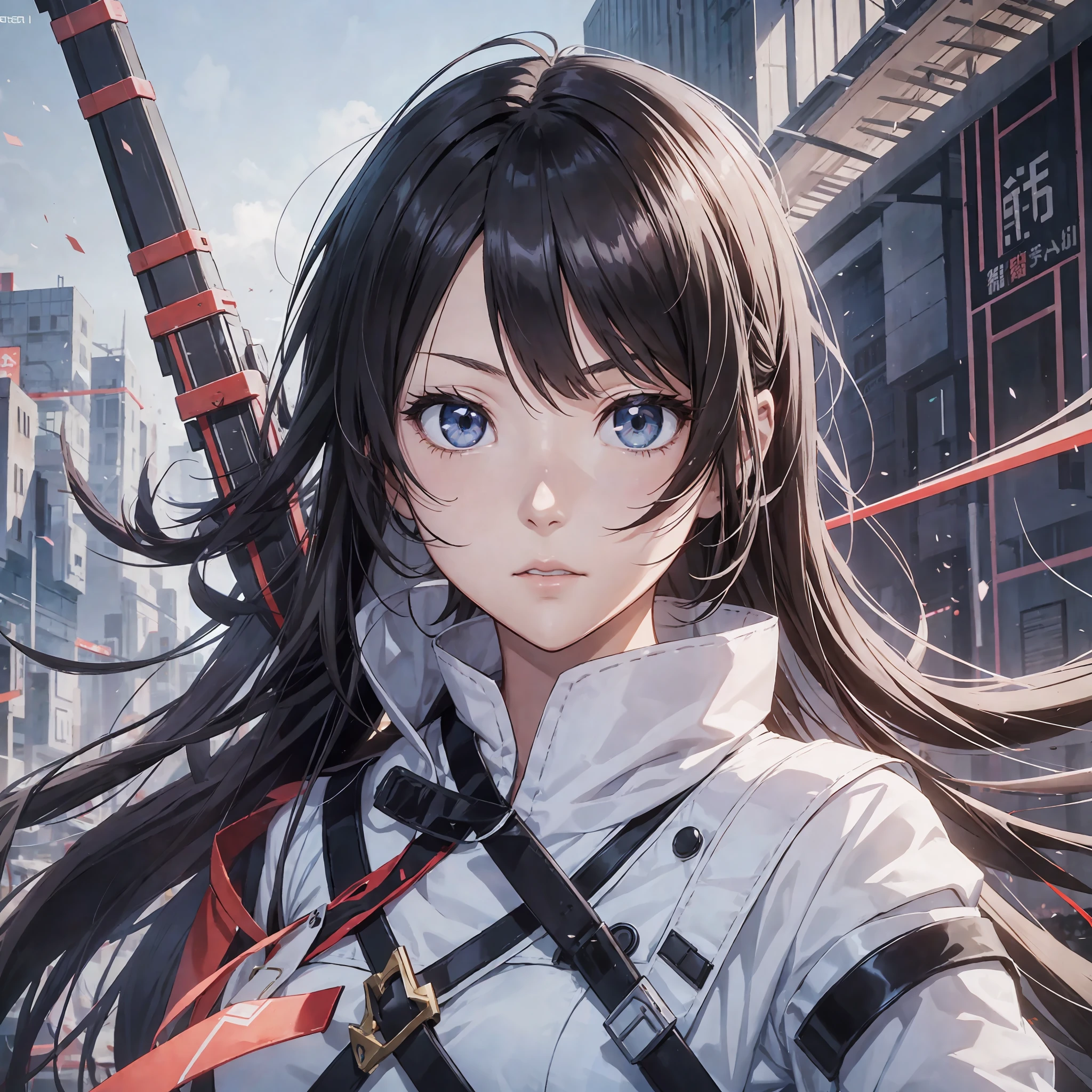 Anime girl with crossbow in hand, white clothes, Ayaka Genshin impact, long hair, black hair. Killer, white background, carrying a crossbow on his shoulder, hanging a mask, Genshin Impact Katshiyo, Genshin Impact Nakata, Ayaka Game Genshin Impact, crisp and clear RPG portrait, Genshin Impact character, heroine 👀: 8, portrait of a female anime hero, April rendering, mask on shoulder, sketch --auto --s2