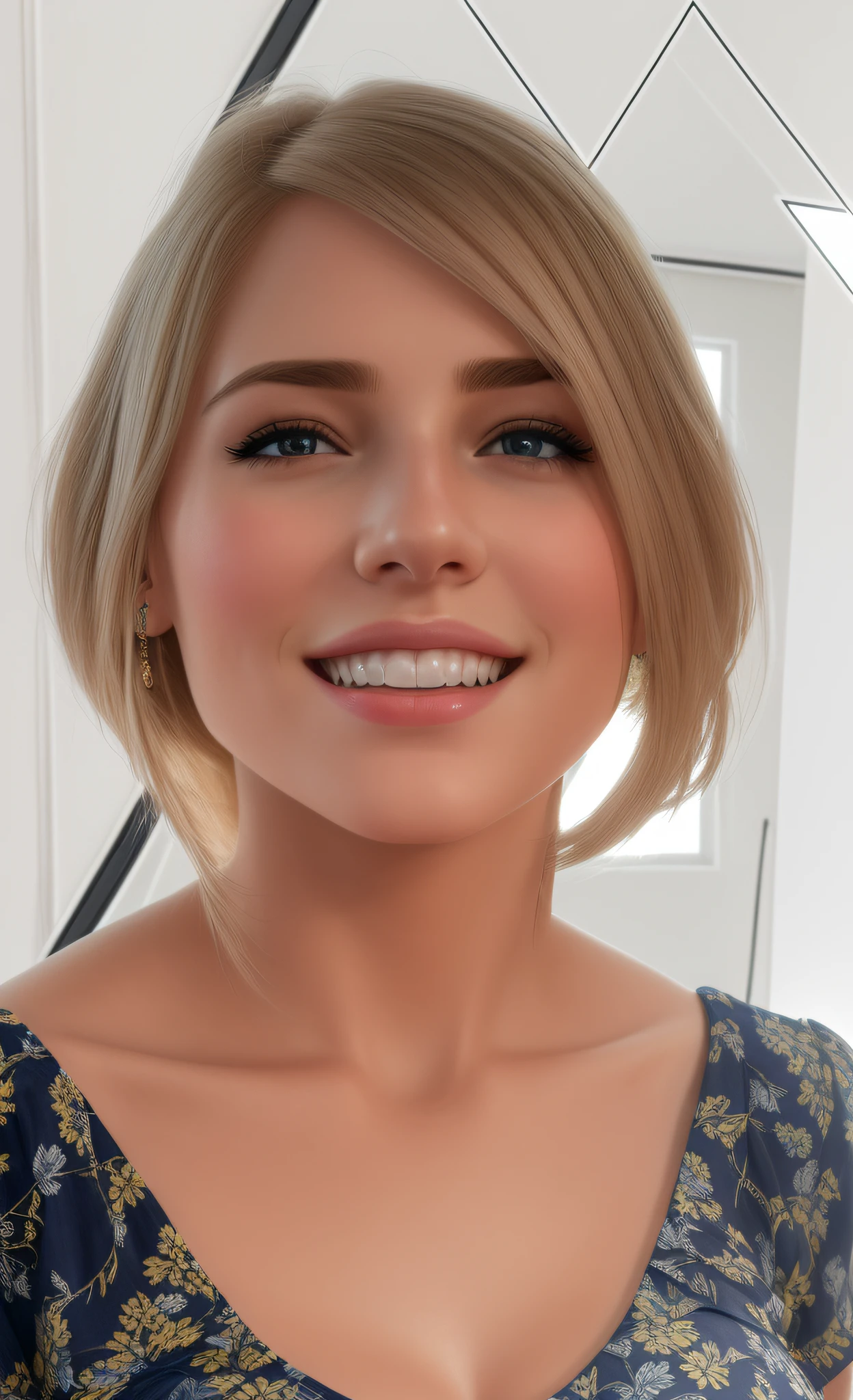 ((Daytime view, realistic light, best quality, 8k, masterpiece: 1.3)), 1girl, beautiful woman with thin figure: 1.4, (blonde hair, big breasts: 1.3), top cut off shoulders: 1.3, sofa, super detailed face, detailed eyes, detailed mouth, beautiful smile,