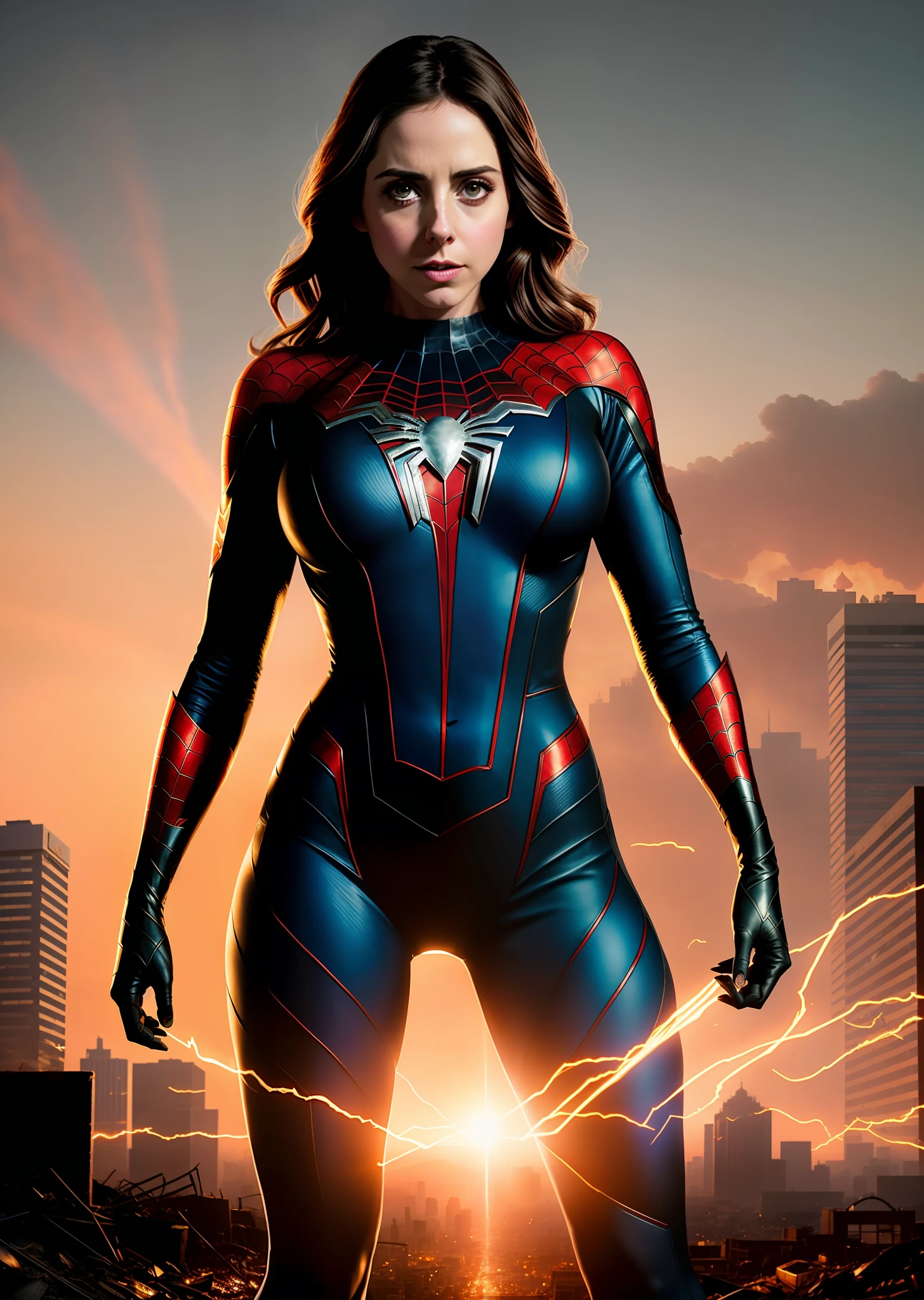 Alison brie in detailed Spider-Man ghost costume, large breasts, superhero pose, standing in ruined city at sunset, hyperdetailed, smoke, sparks, sunbeams, (8k), realistic, symmetrical, award-winning, cinematic lightning, soaked, film, 75mm, scratches, full body photo, close-up, torn and dirty clothes, detailed face,