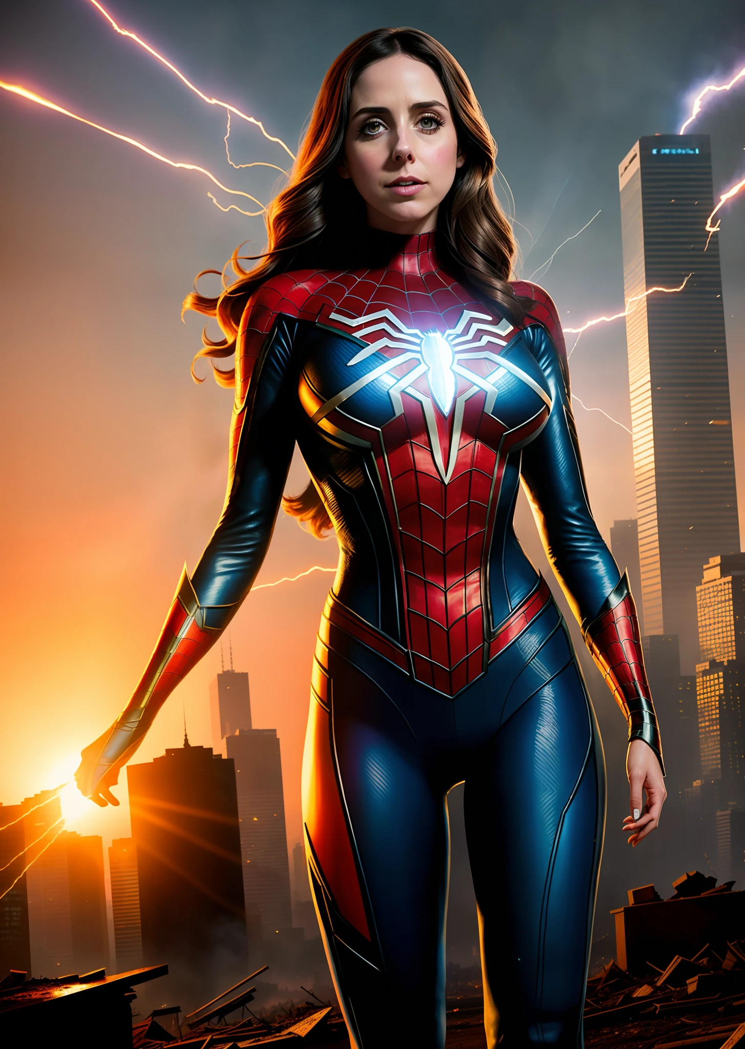 Alison brie in detailed Spider-Man ghost costume, large breasts, superhero pose, standing in ruined city at sunset, hyperdetailed, smoke, sparks, sunbeams, (8k), realistic, symmetrical, award-winning, cinematic lightning, soaked, film, 75mm, scratches, full body photo, close-up, torn and dirty clothes, detailed face,