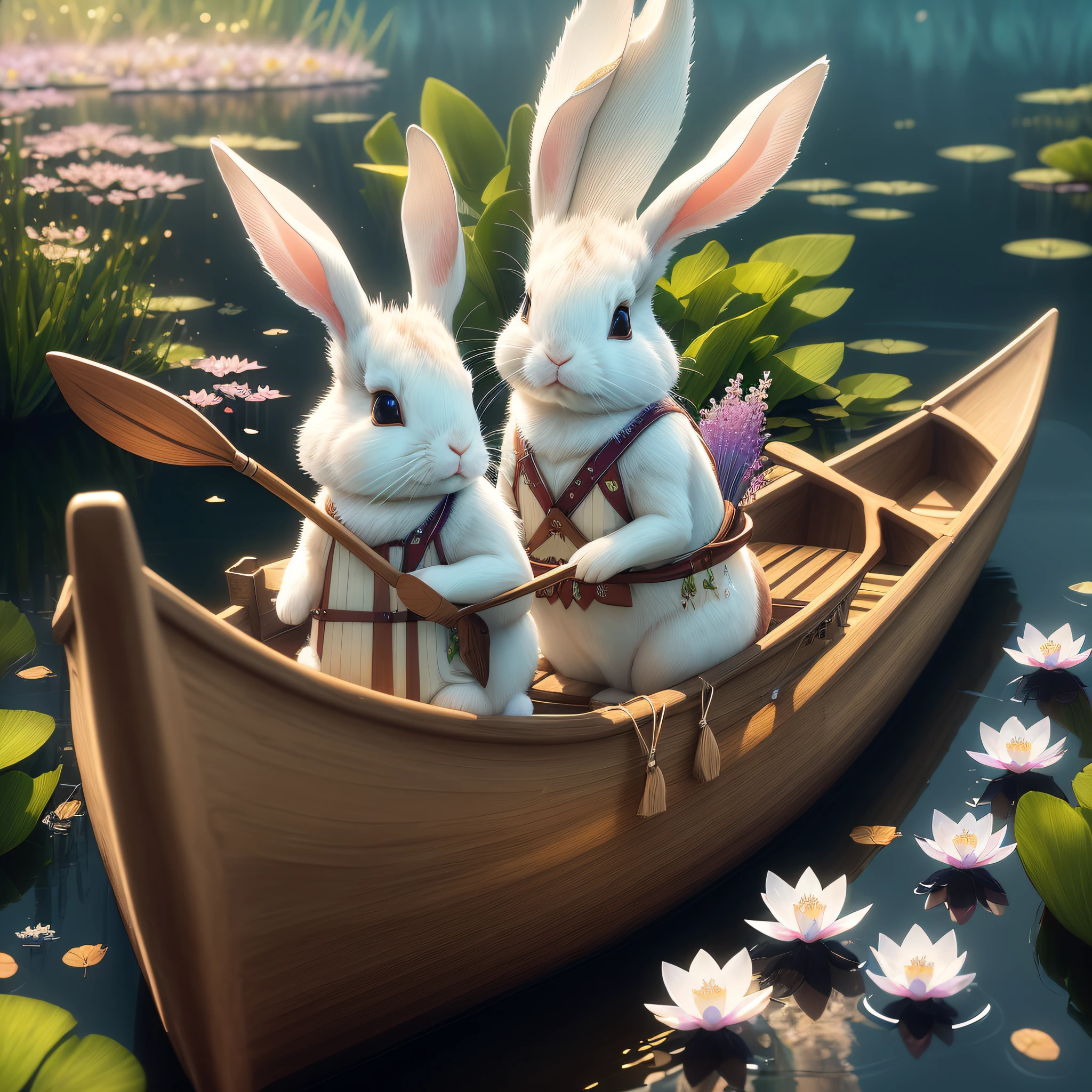 Rabbit sailing on a small river with a canoe, Crystal, Galaxy, Transparent, windblown flowers, Glitter, Sparkle, brilliant, Colorful, magical photography, Dramatic Lighting, Light background, realistic photo, super detailed, 4k, High resolution, super fine sharp, High quality, artistic, Unique, surrounded by aquatic plants made of mother - of - pearl with exquisite details