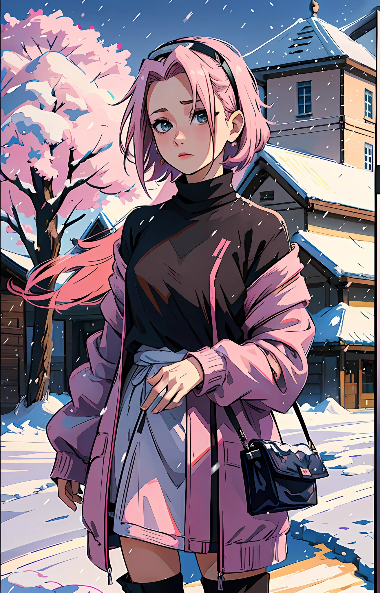 Sakura haruno, ((solo)), alone, ((forehead to show)), elegant,wearing black sweater, pink hair, delicate, young, short hair, detailed face, high definition, ((full body)), (snow around her), whole body, ((snowy day)), looking at the sky, she is a beautiful woman contemplating the snow, face with high quality, love