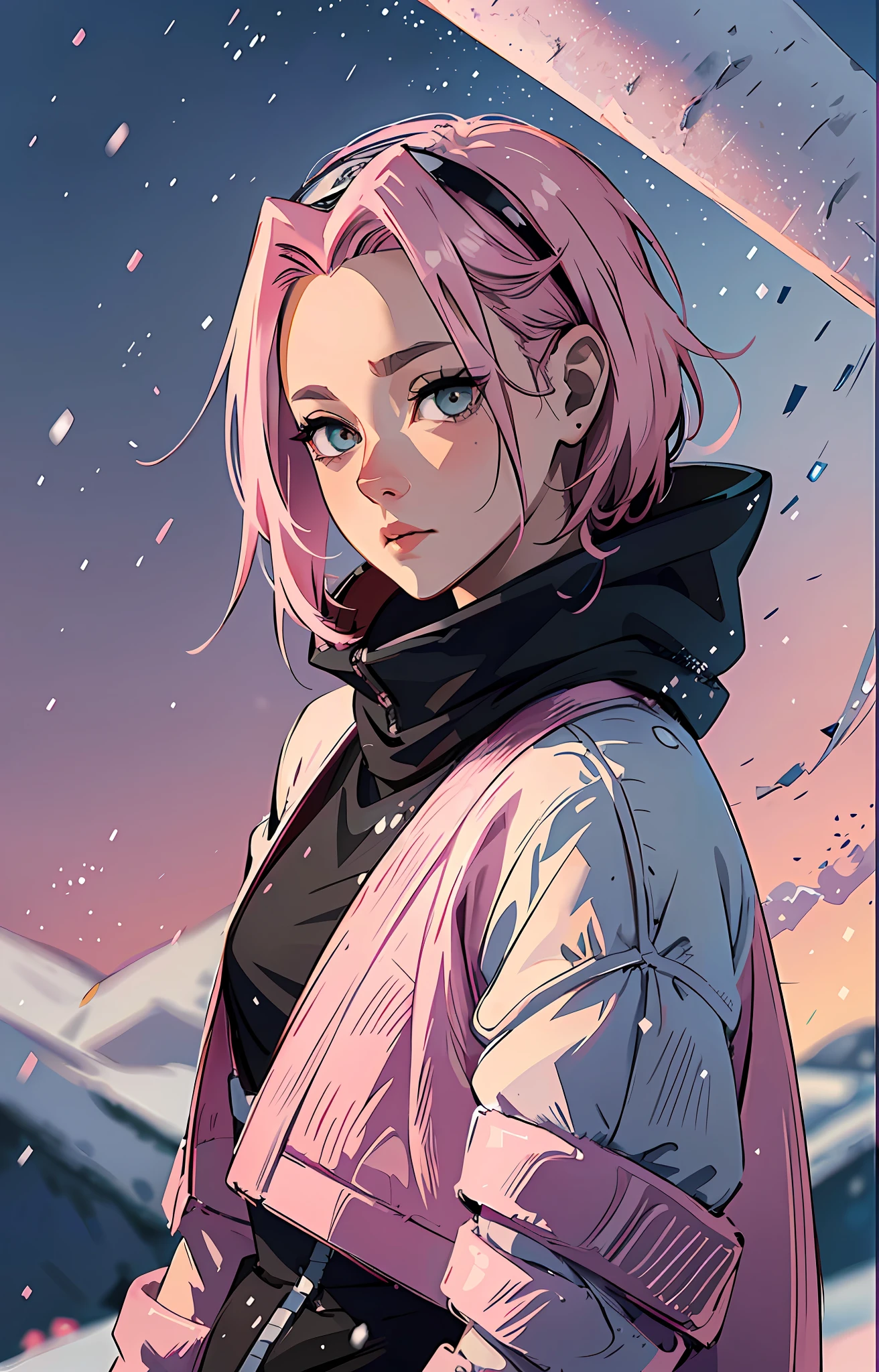 Sakura haruno, ((solo)), alone, ((forehead to show)), elegant,wearing black sweater, pink hair, delicate, young, short hair, detailed face, high definition, ((full body)), (snow around her), whole body, ((snowy day)), looking at the sky, she is a beautiful woman contemplating the snow, face with high quality, love