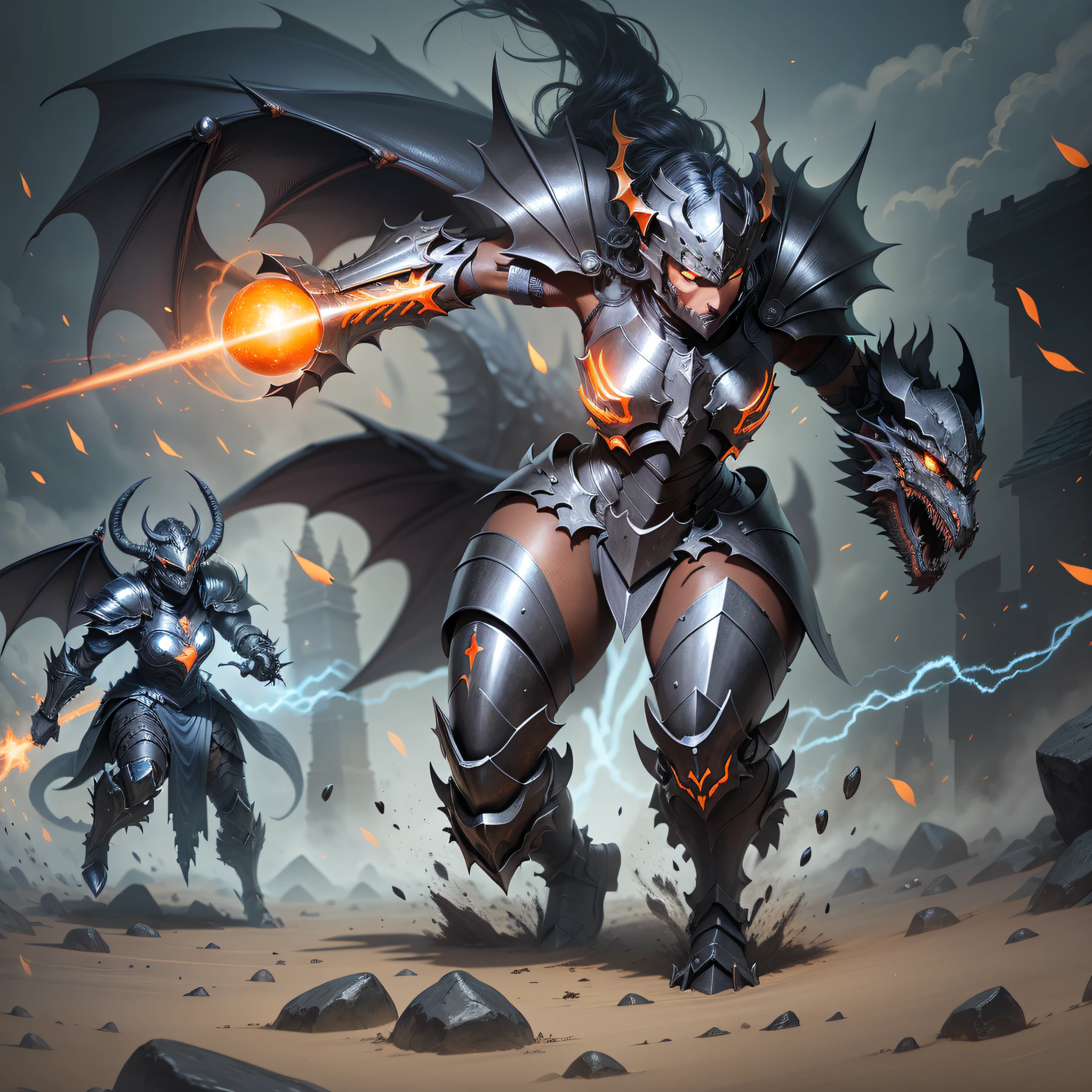 Knight woman with orange eyes and a black armor, dragon knight, demonic armor, dragon, inspired armor, draconian looking armor, evil knight, dragon armor, dragon inspired armor, orange armor, ancient dragon full plate armor, shadow armor, epic fantasy digital art style, dark armor, black and blue armor, helmet, shadow knight, fantasy inspired dragon armor,  holding an orange light energy, the flash, SAVITAR,RUNNING, front, SPEED, ORANGE RAY BACKGROUND