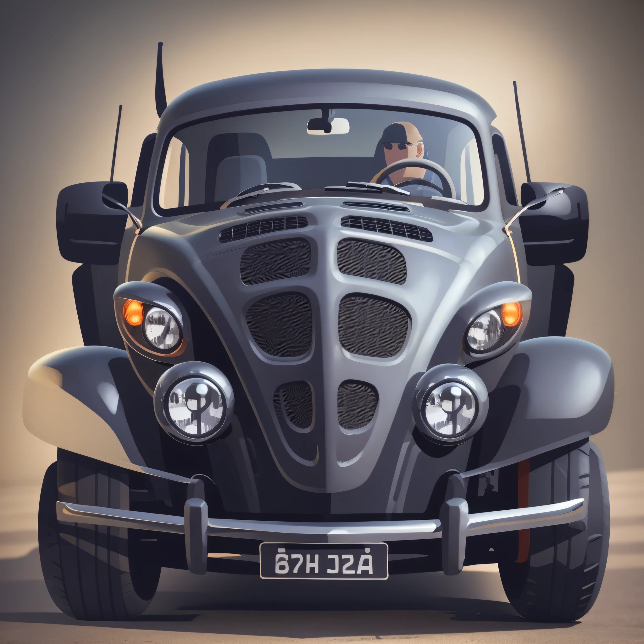 black beetle car lowered in a lighted