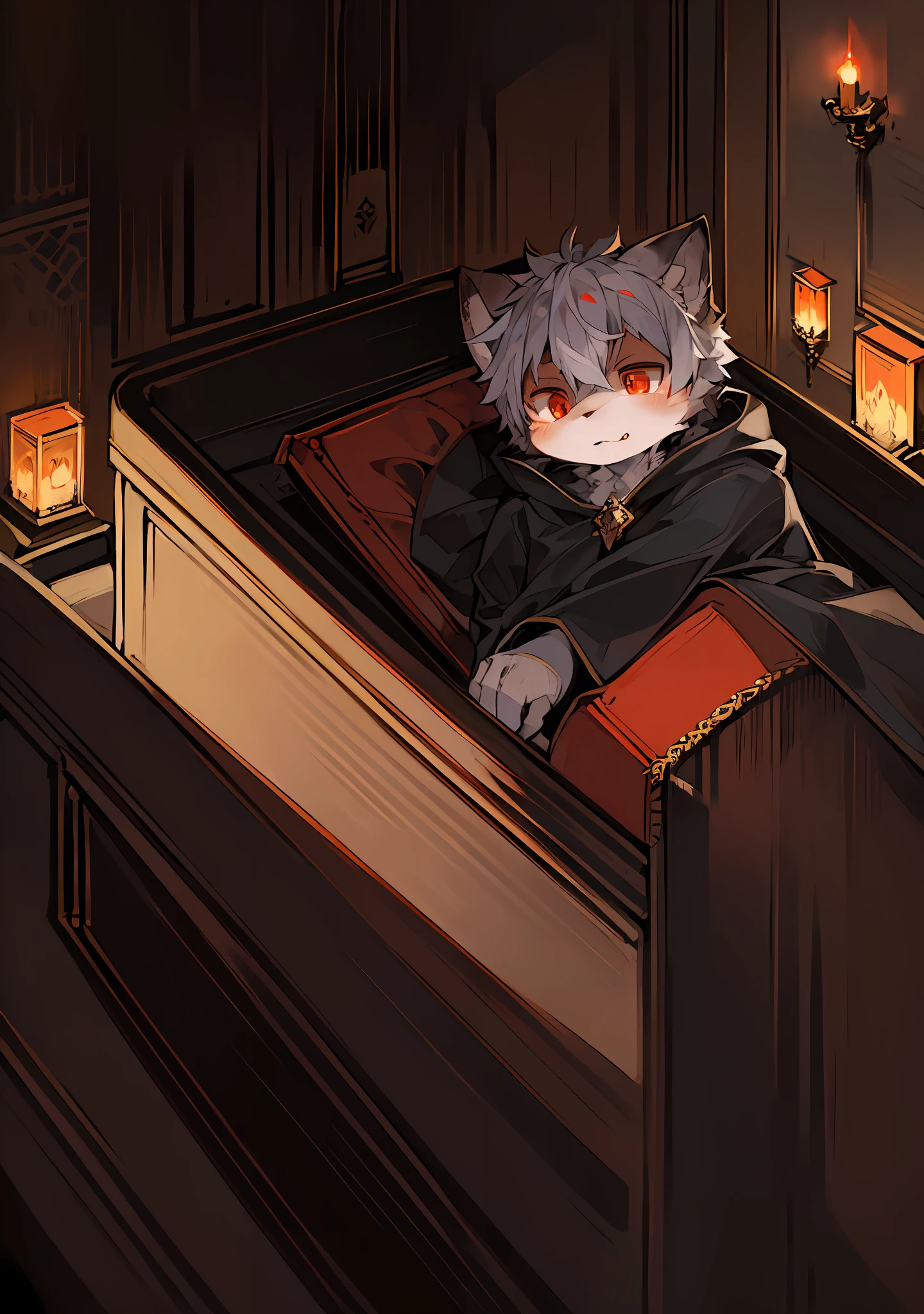 (Dark Environment: 0.8), Masterpiece, High Quality, Abstract Res, Digital Painting\(artwork\), by Dagasi, Yupa, Kiyosan, (Anthro, Fluffy Fur, Character Focus: 1.1), Anthro Male Cat, Short Hair, Portrait , bright eyes, panorama, character focus. (Detailed background: 0.7), Solo, Furry, Furry Male, Male Focus, Anthr, (Full Body Fur, Fluffy Tail, White Fur, Red Eyes, Gray Hair: 1.2), (Long Canids, Vampires, Cloak: 1.2), (Interior, Night, Castle, Coffin: 1.1) Beast Too