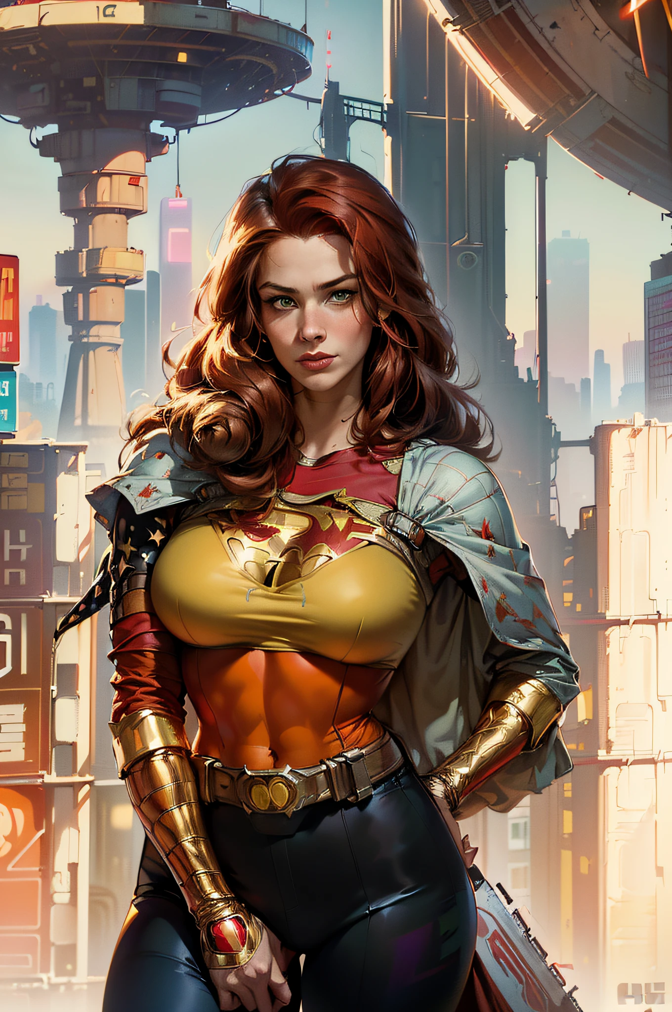 American World War II poster, Gil Elvgren style ((USA Poster, American Poster)) (((A young woman with straight red hair long size up to her waist in superhero pose))) ((detailed outfit entirely red with gold)) (cars in the background of the image) (((robotic left arm)) (((cyberpunk arm))propaganda Poster, hero uniform, 1 girl, solo, good body, poster design,  poster art style. 1980s, 1950s, 1960s, 1940s, basic color scheme, very colorful poster, colorful art, third rule, inspiring, woman, 1 25-year-old girl, hair blowing in the wind, looking at the viewer, blurred background, thick legs, green eyes