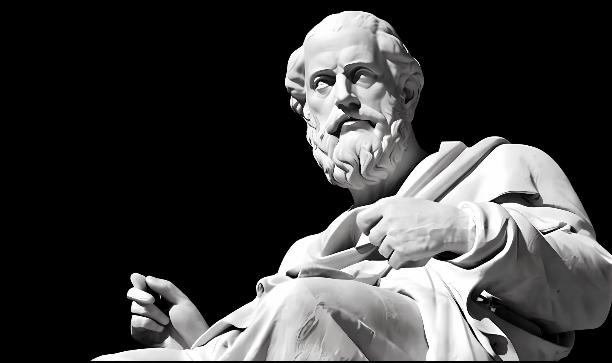 a black and white photo of a statue of a man with a beard, philosopher, stoicism, theophanes, inspired by Theophanes the Greek, by Theophanes the Greek, stoic attitude, godlike and stoic, portrait of aristotle, philosophical, philosopy, an ancient greek statue, stoic pose, platon