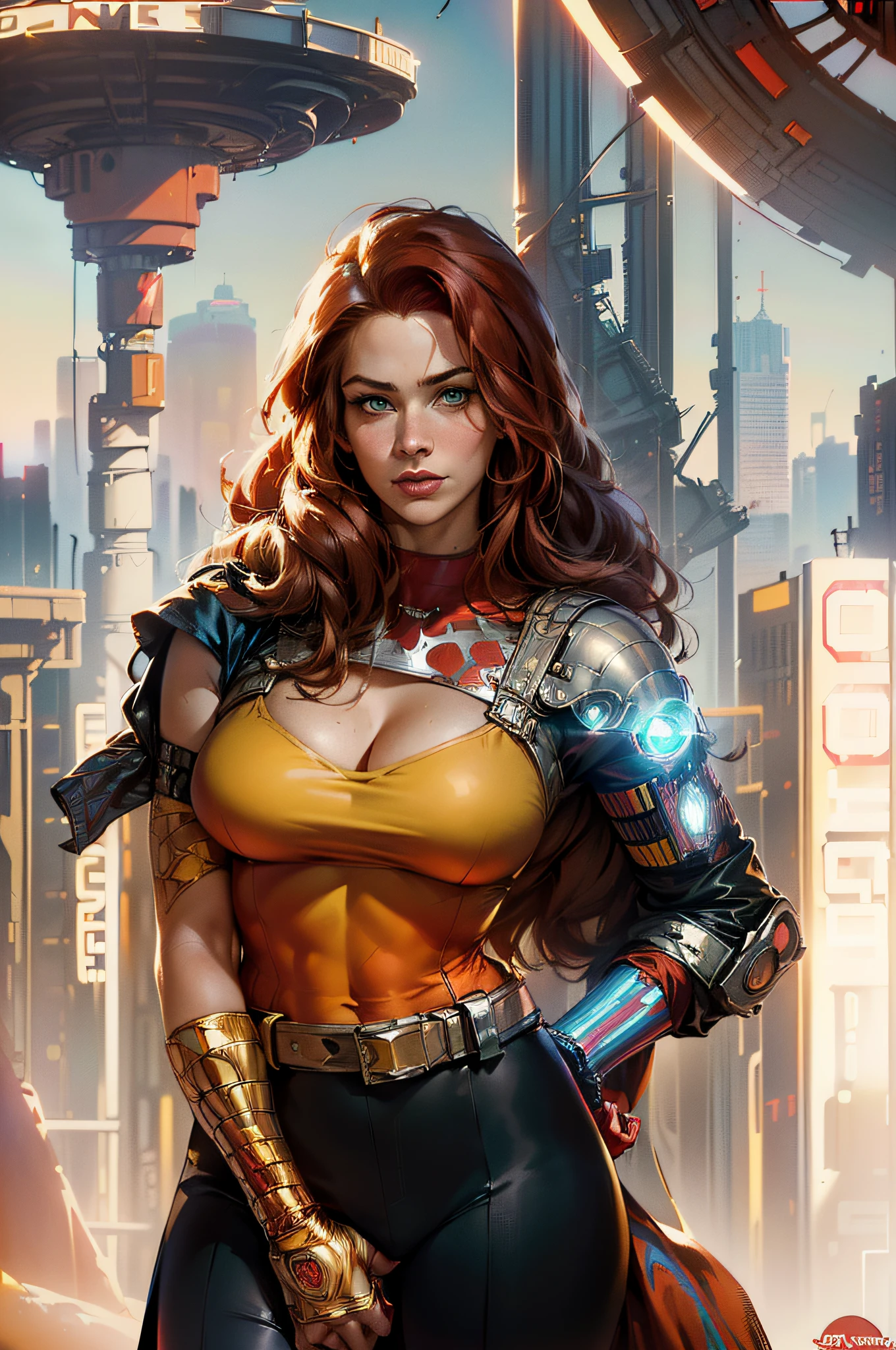 American World War II poster, Gil Elvgren style ((USA Poster, American Poster)) (((A young woman with straight red hair long size up to her waist in superhero pose))) ((detailed outfit entirely red with gold)) (cars in the background of the image) (((robotic left arm)) (((cyberpunk arm))propaganda Poster, hero uniform, 1 girl, solo, good body, poster design, poster art style. 1980s, 1950s, 1960s, 1940s, basic color scheme, very colorful poster, colorful art, third rule, inspiring, woman, 1 25-year-old girl, hair blowing in the wind, looking at the viewer, blurred background, thick legs, green eyes
