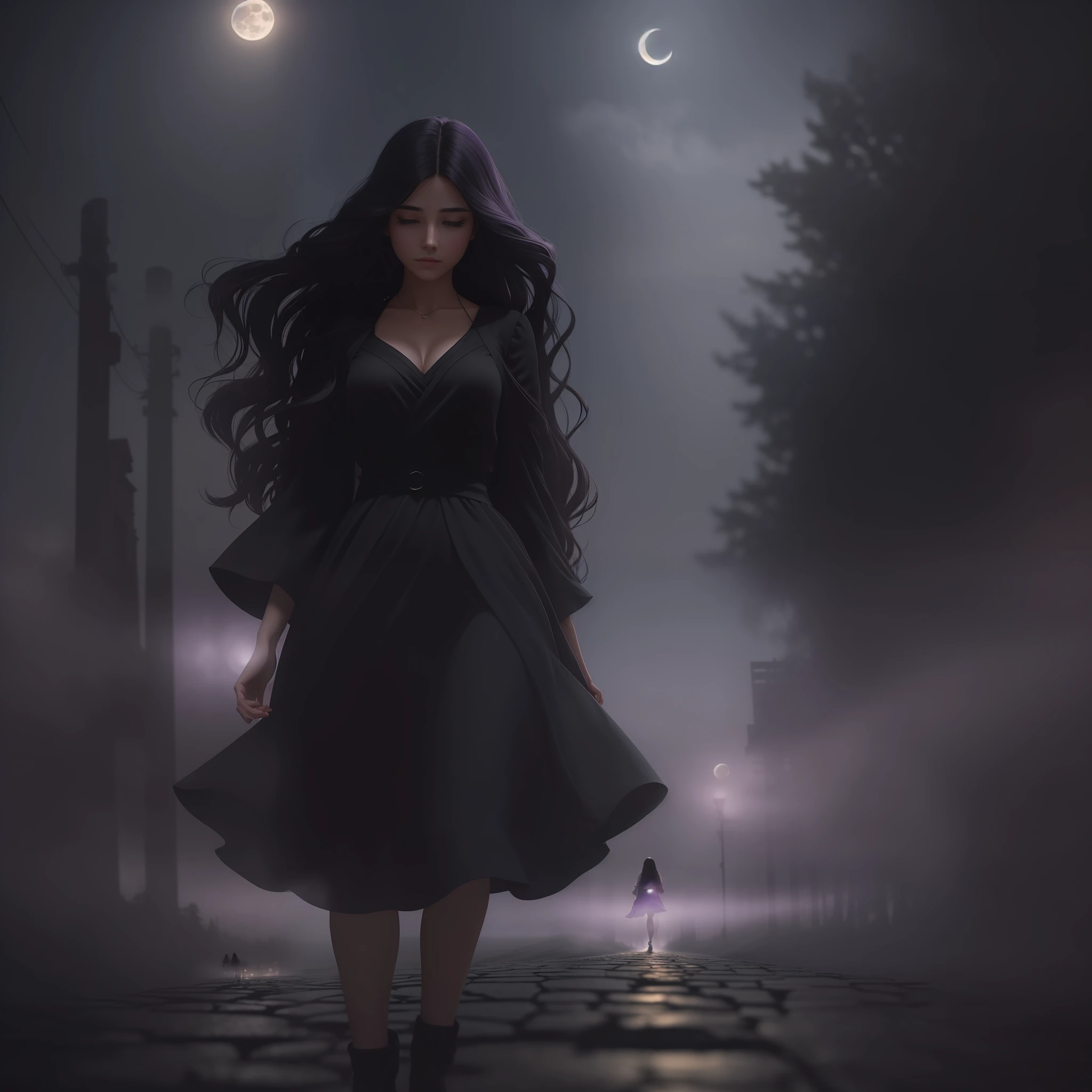 Woman walking down a road at night towards a city and a distant man blurred, with fog and shadows, wavy and long black hair, high quality, ultra-detailed, 8k, masterpiece, (volumetric lighting), black magic, fanciful, lilac colors, purple, shadows and vivids around the woman, magic in their hands and a moon behind --auto --s2